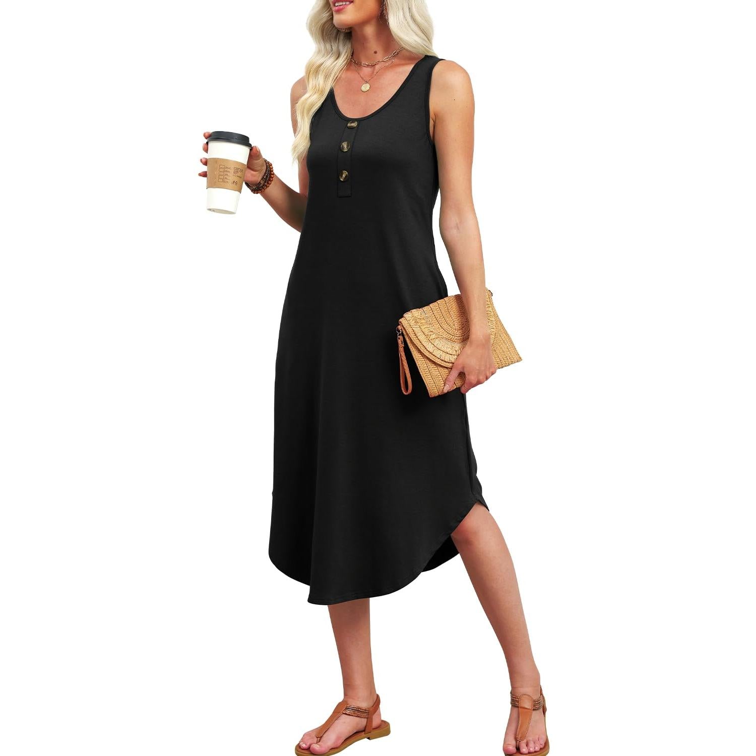 WIHOLL Button Front Sleeveless Midi Dress With Pockets