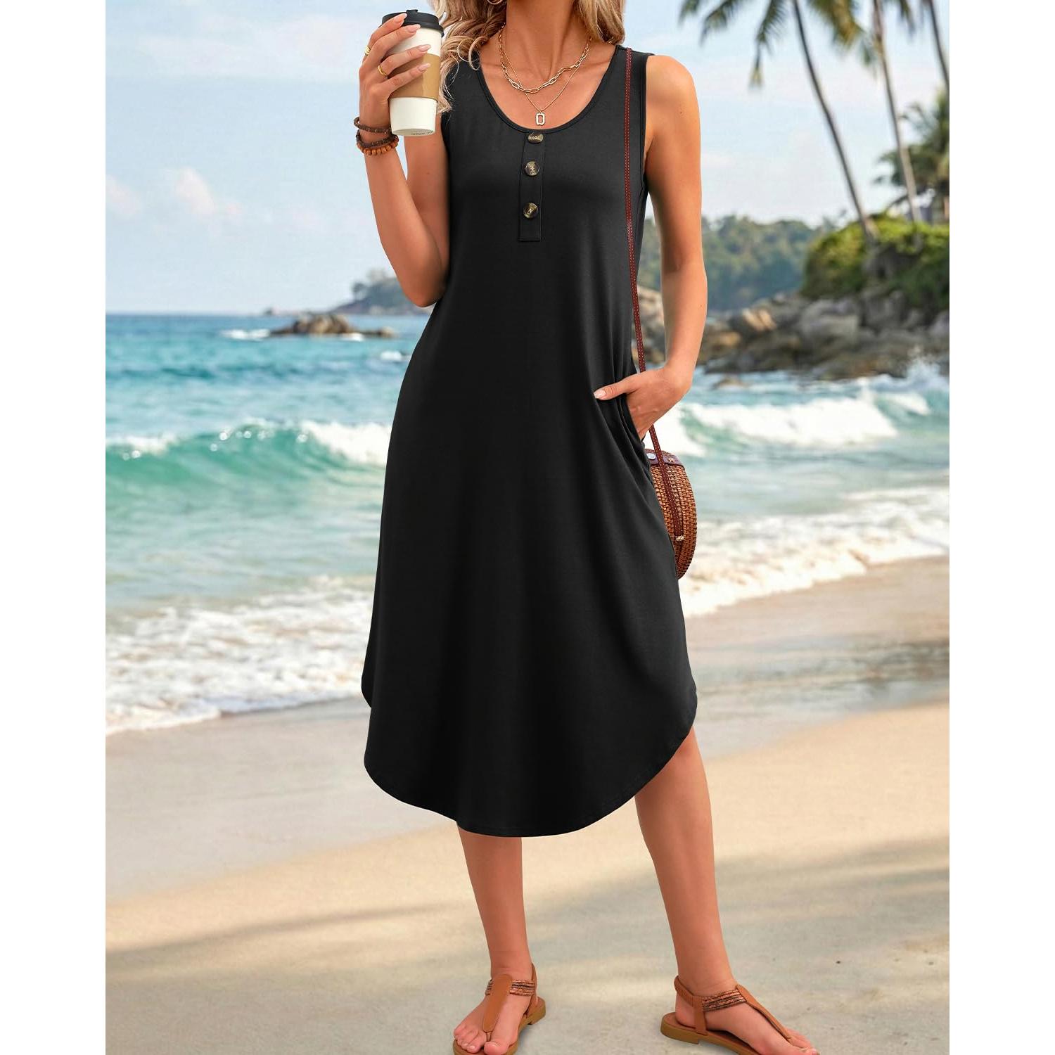 WIHOLL Button Front Sleeveless Midi Dress With Pockets