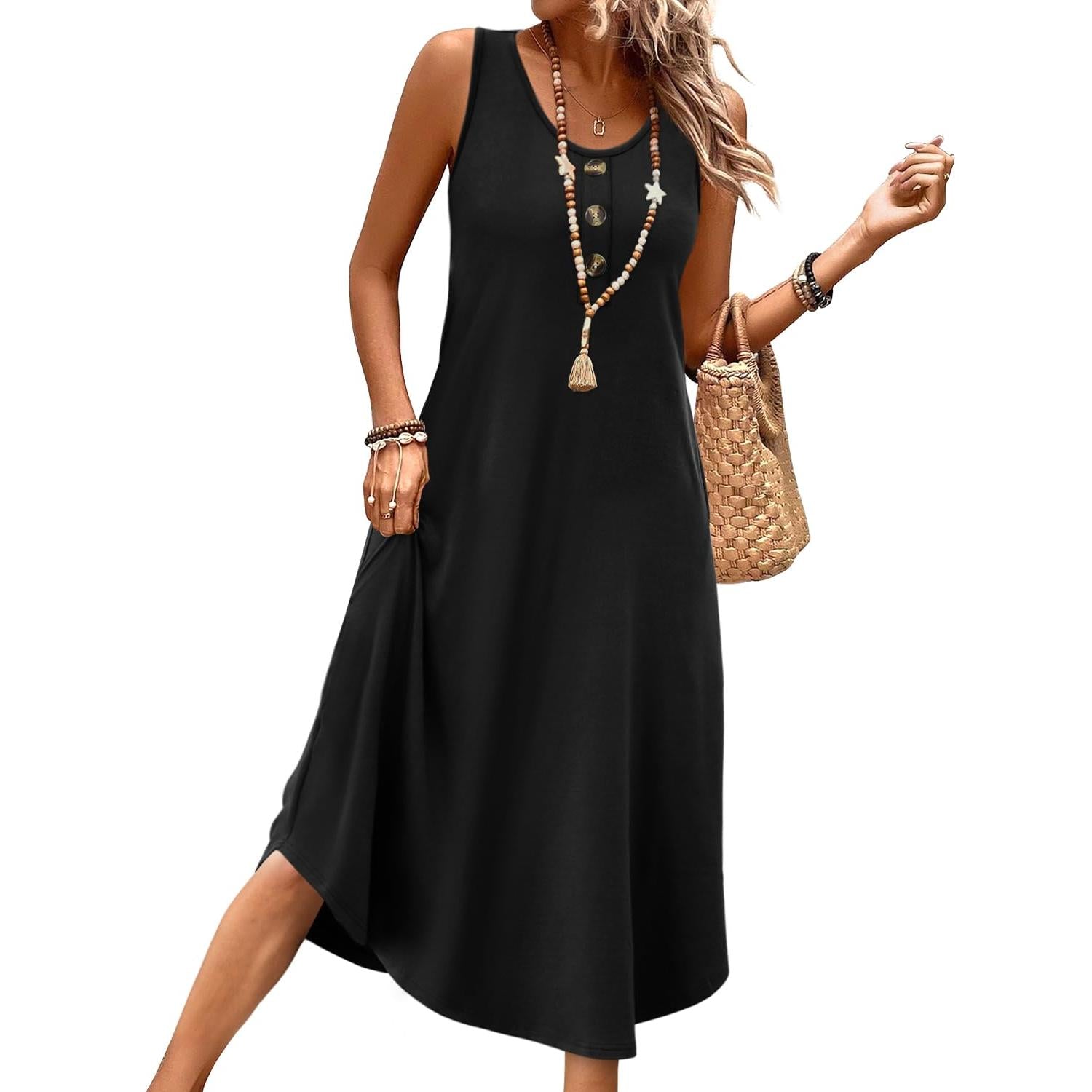 WIHOLL Button Front Sleeveless Midi Dress With Pockets