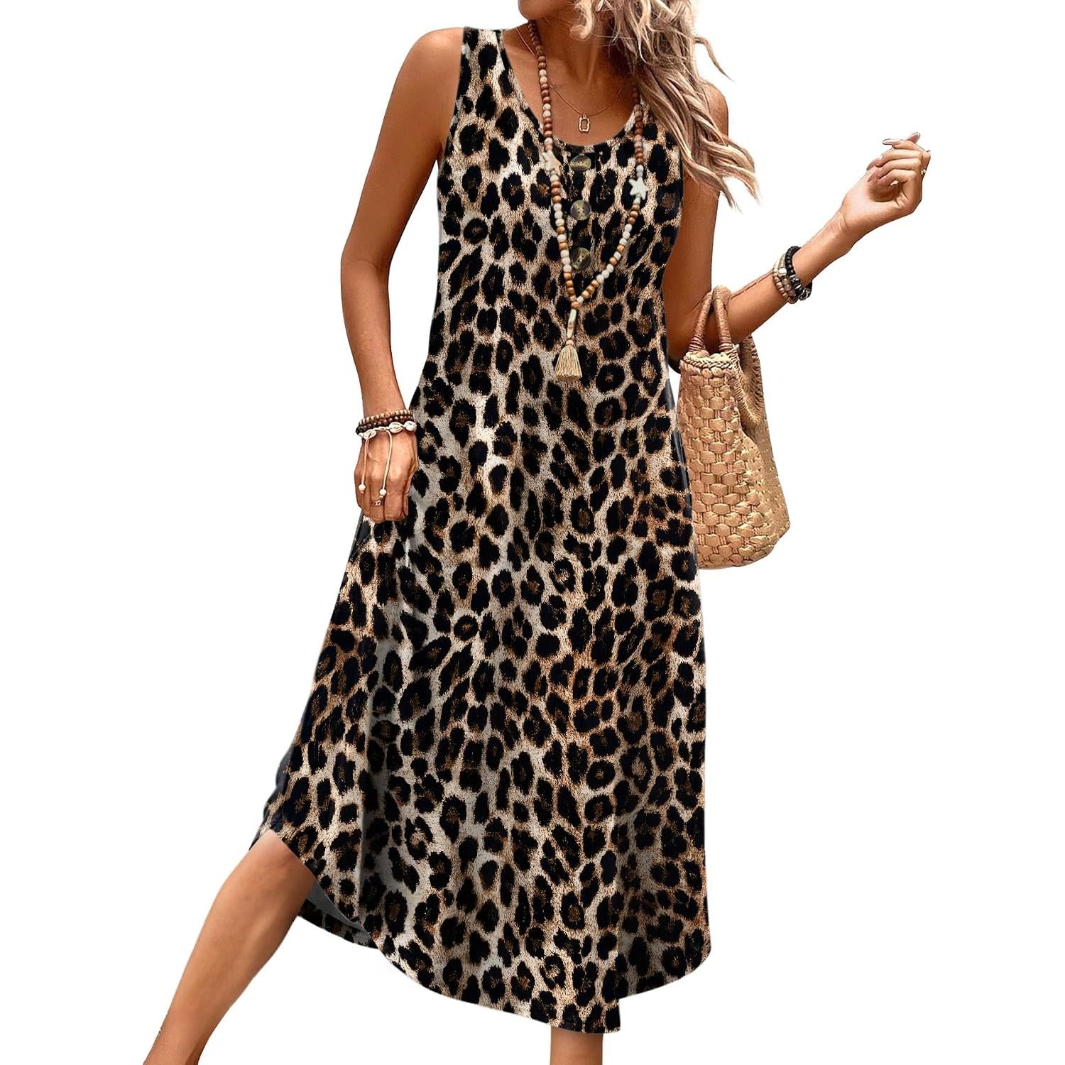 WIHOLL Button Front Sleeveless Midi Dress With Pockets