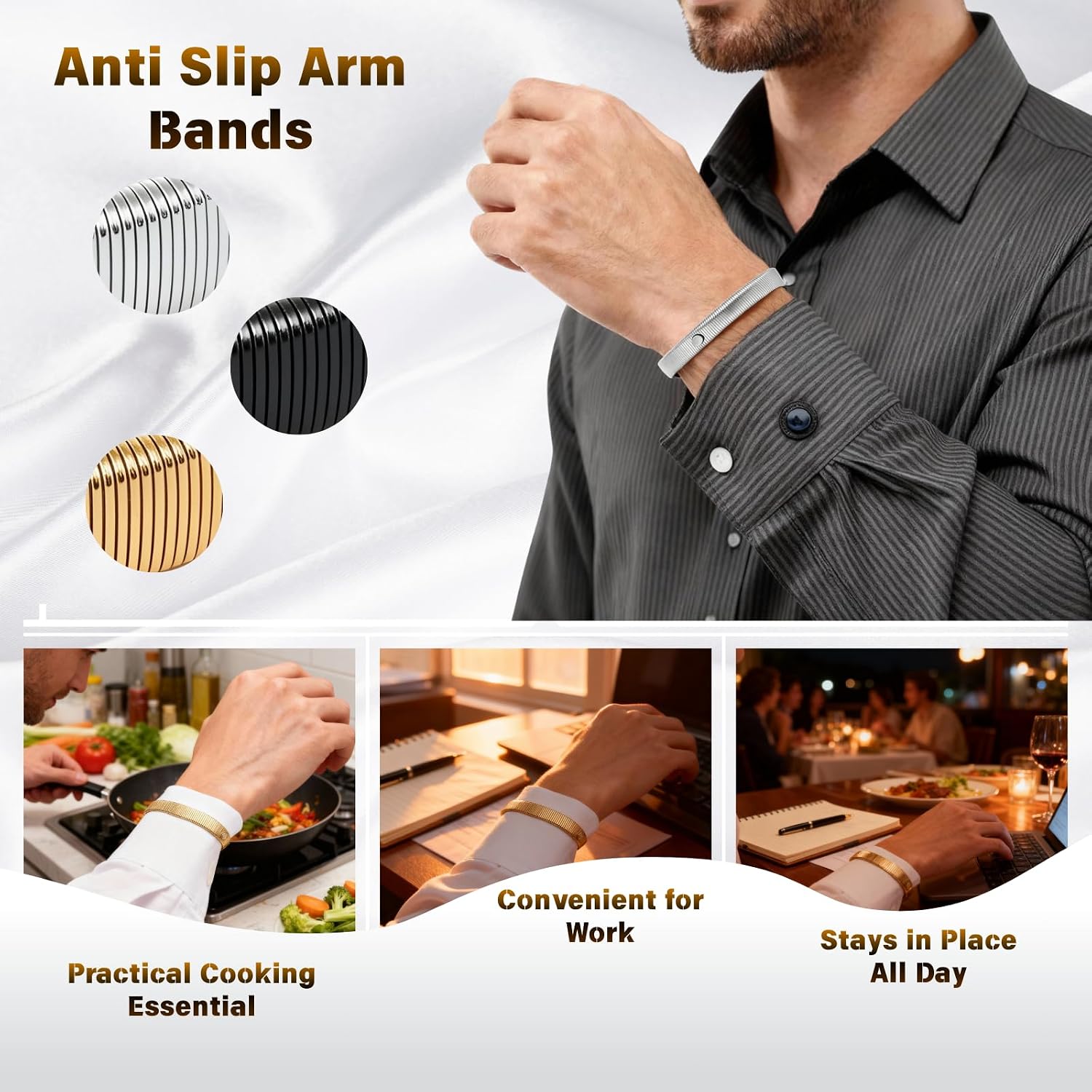 Aurora Sleeve Garters 3 Pairs Anti Slip Metal Sleeve Holders