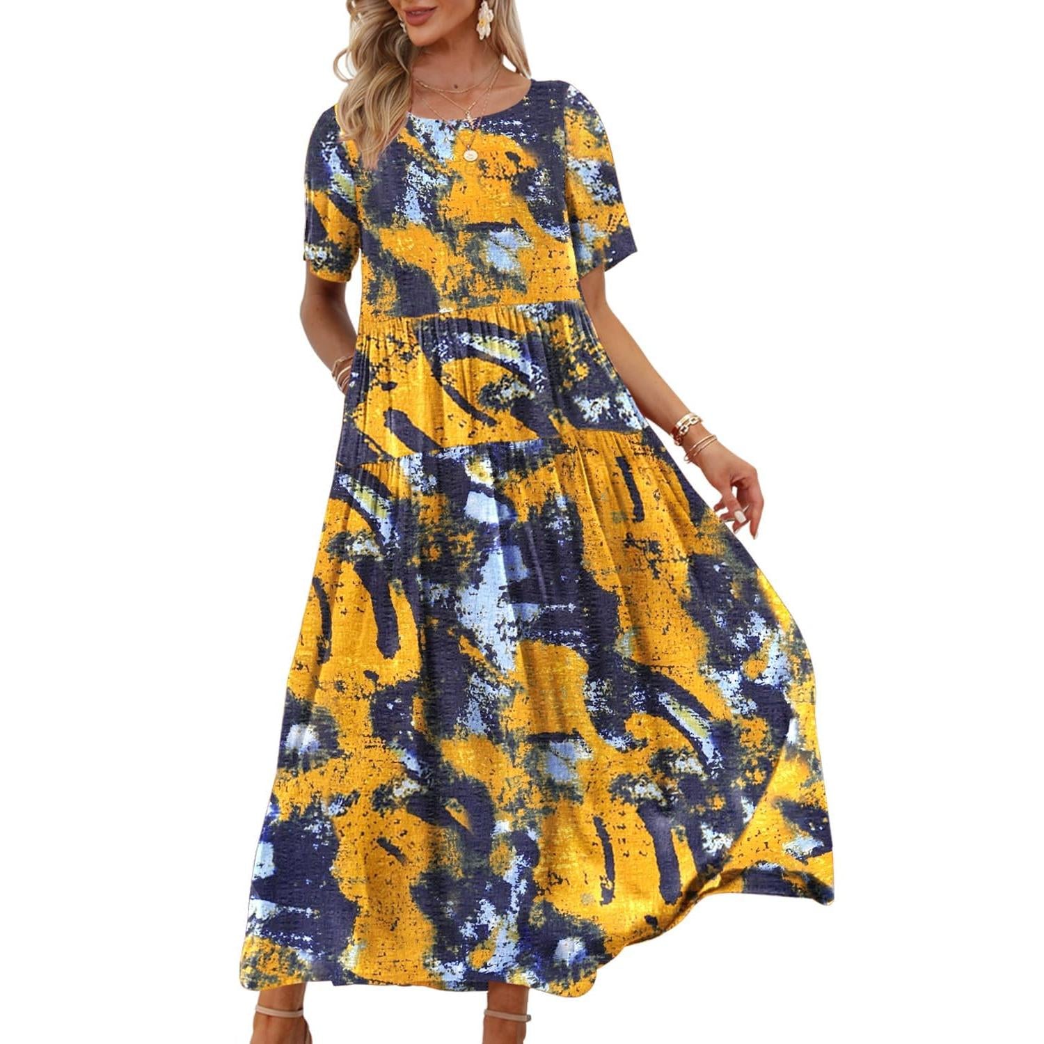 YESNO Plus Size Bohemian Floral Maxi Dress With Pockets