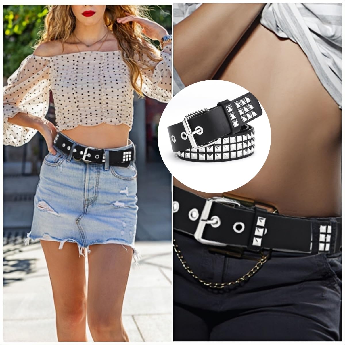 Goth Row Rivet Studded Belt Black PU Leather 110cm