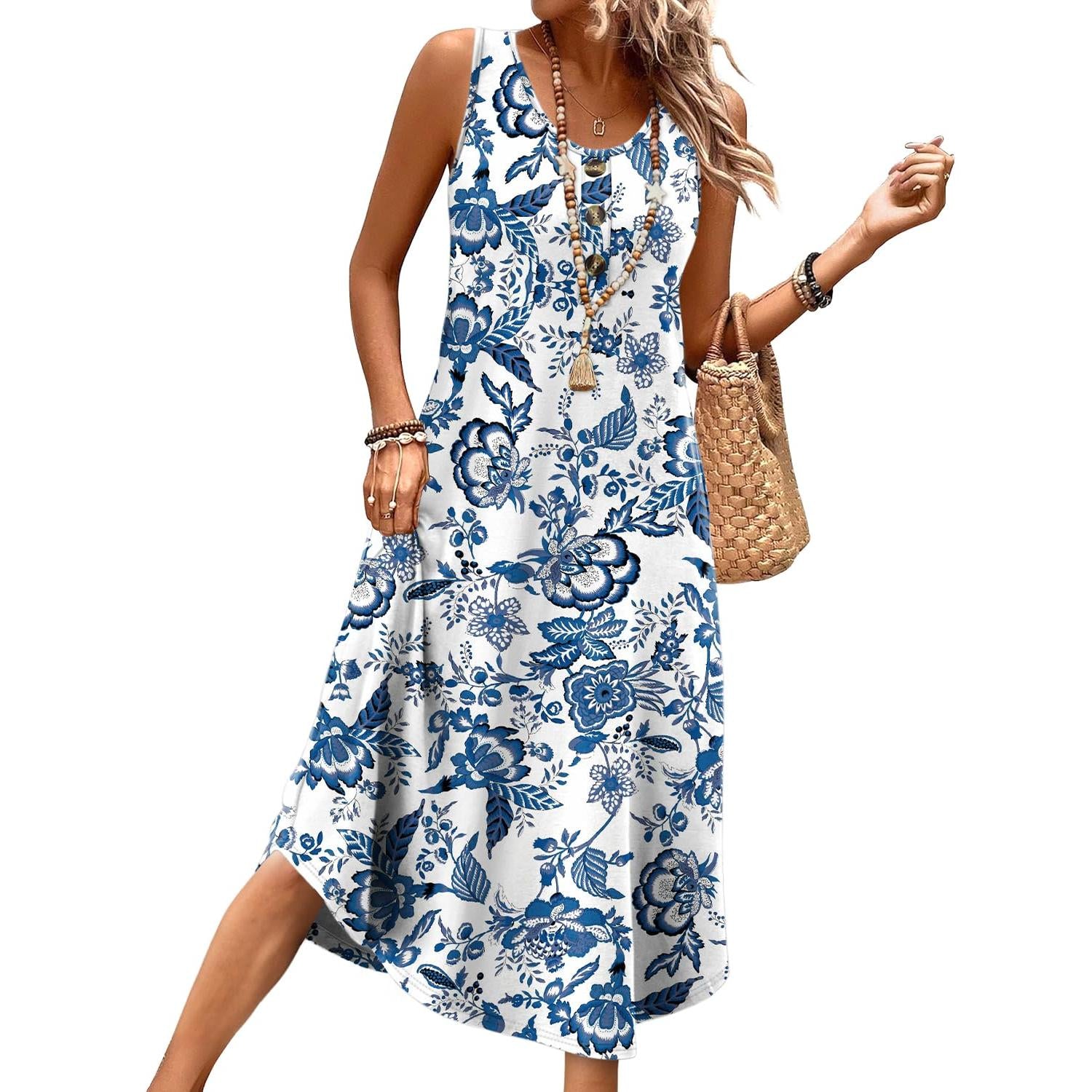 WIHOLL Button Front Sleeveless Midi Dress With Pockets