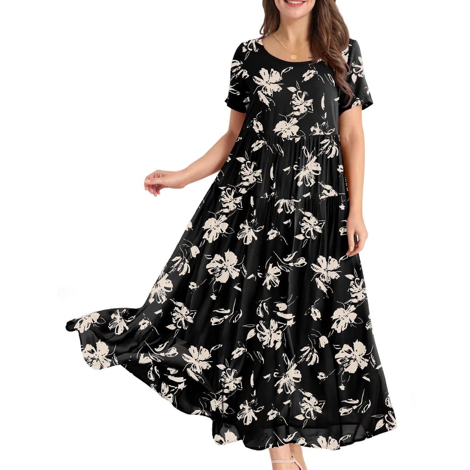 YESNO Plus Size Bohemian Floral Maxi Dress With Pockets