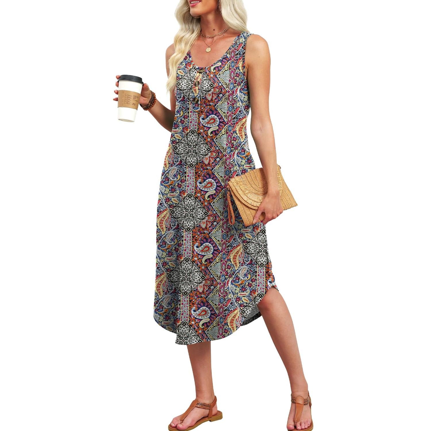 WIHOLL Button Front Sleeveless Midi Dress With Pockets