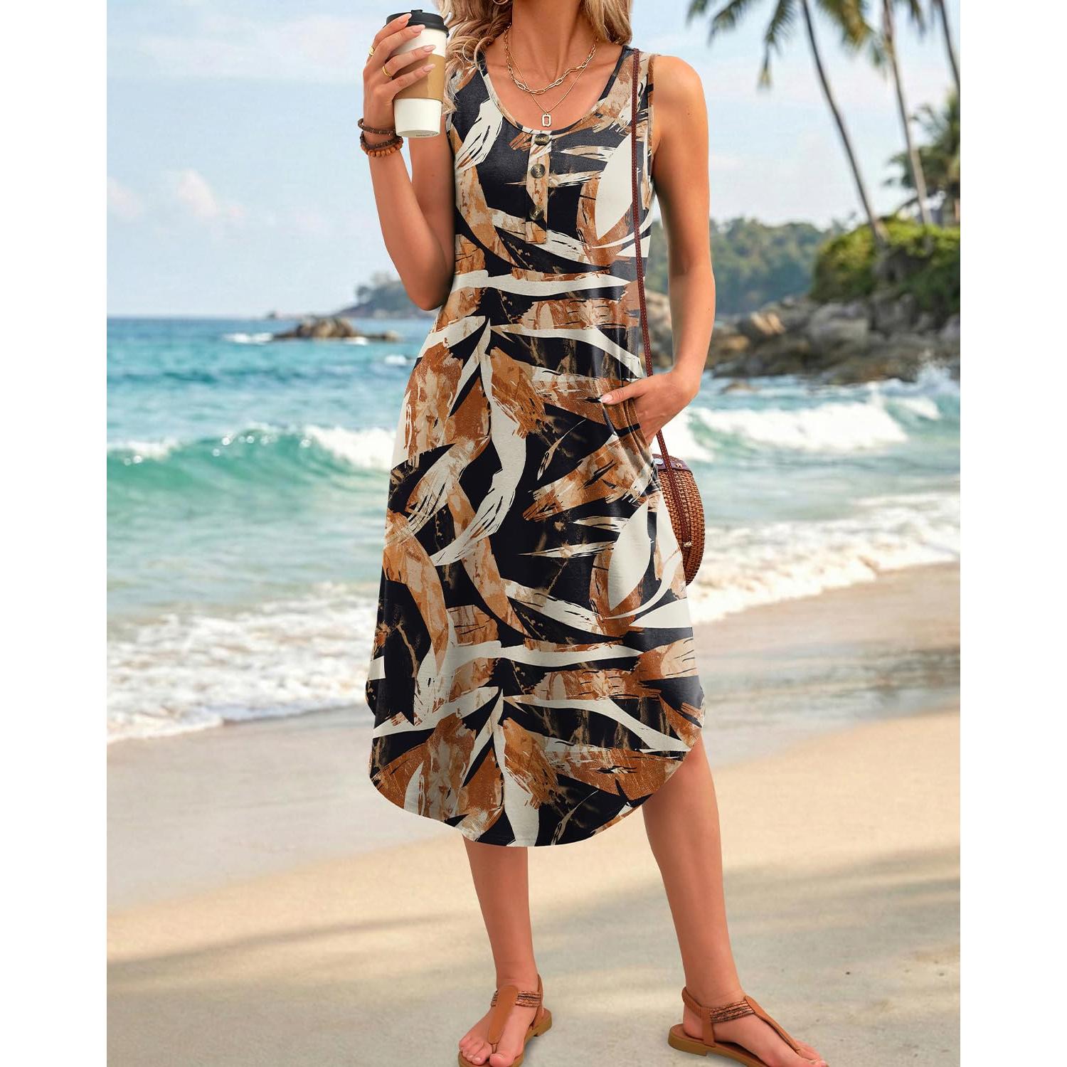 WIHOLL Button Front Sleeveless Midi Dress With Pockets