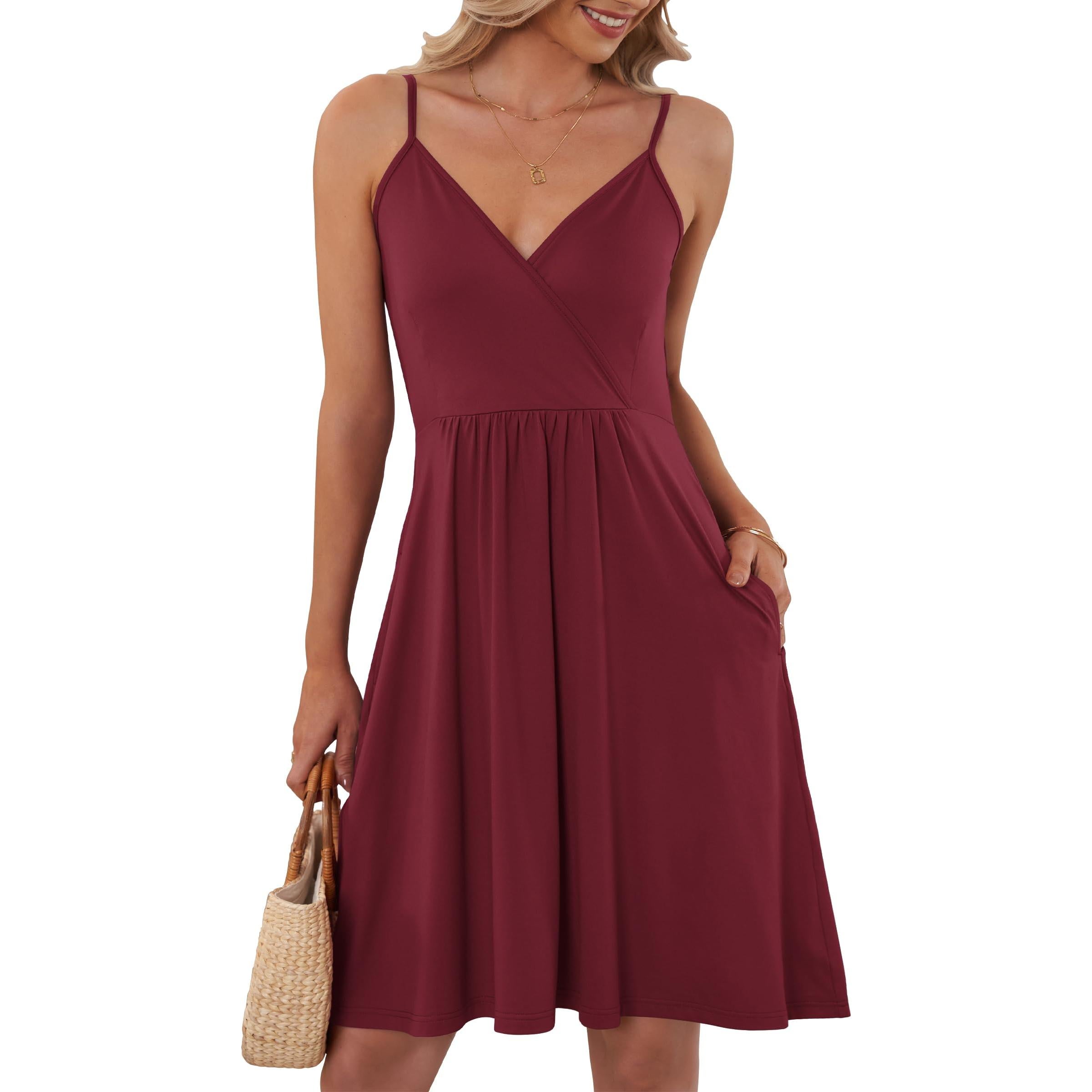 AUSELILY Summer V Neck Spaghetti Strap Dress With Pockets