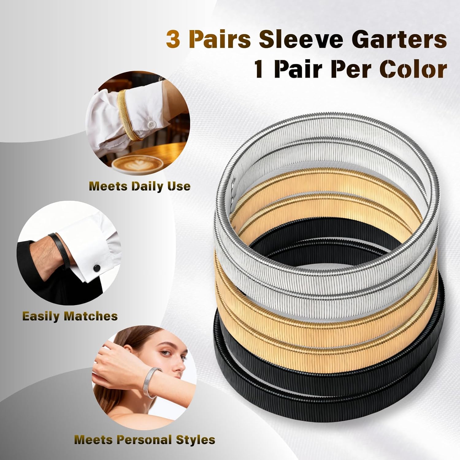 Aurora Sleeve Garters 3 Pairs Anti Slip Metal Sleeve Holders