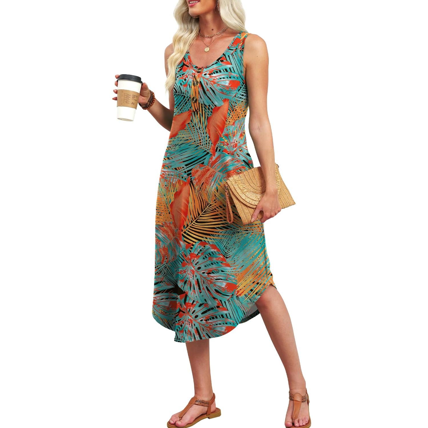 WIHOLL Button Front Sleeveless Midi Dress With Pockets