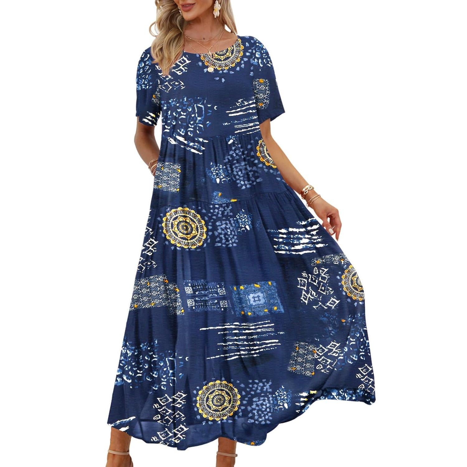 YESNO Plus Size Bohemian Floral Maxi Dress With Pockets