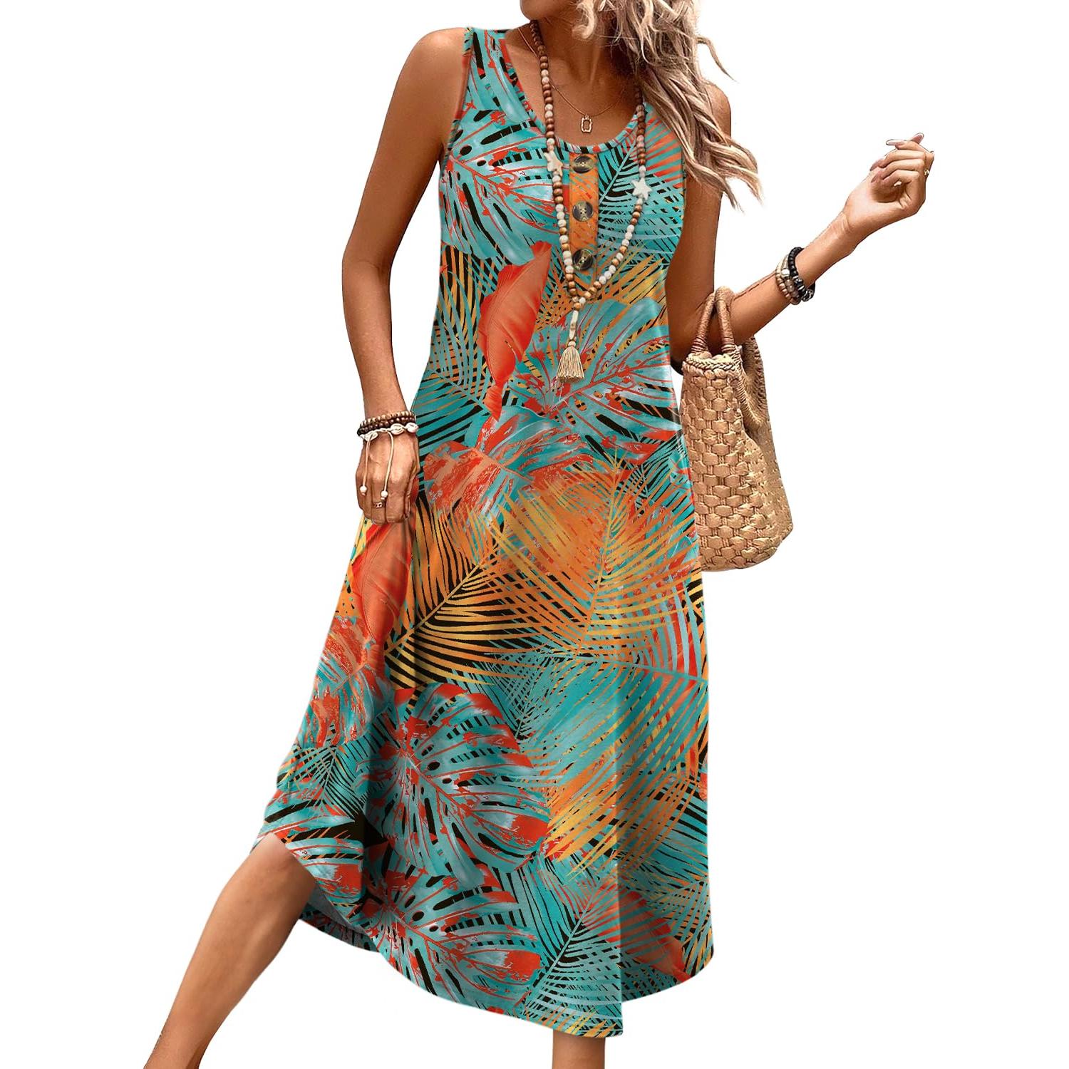 WIHOLL Button Front Sleeveless Midi Dress With Pockets