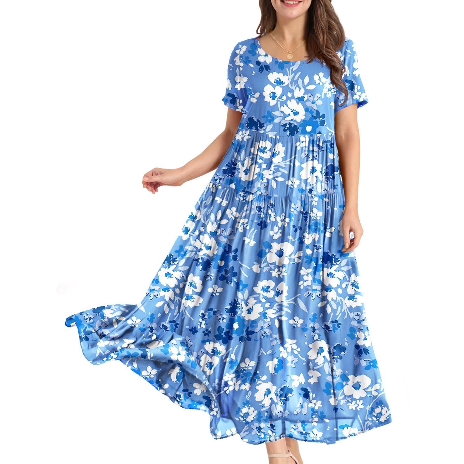 YESNO Plus Size Bohemian Floral Maxi Dress With Pockets