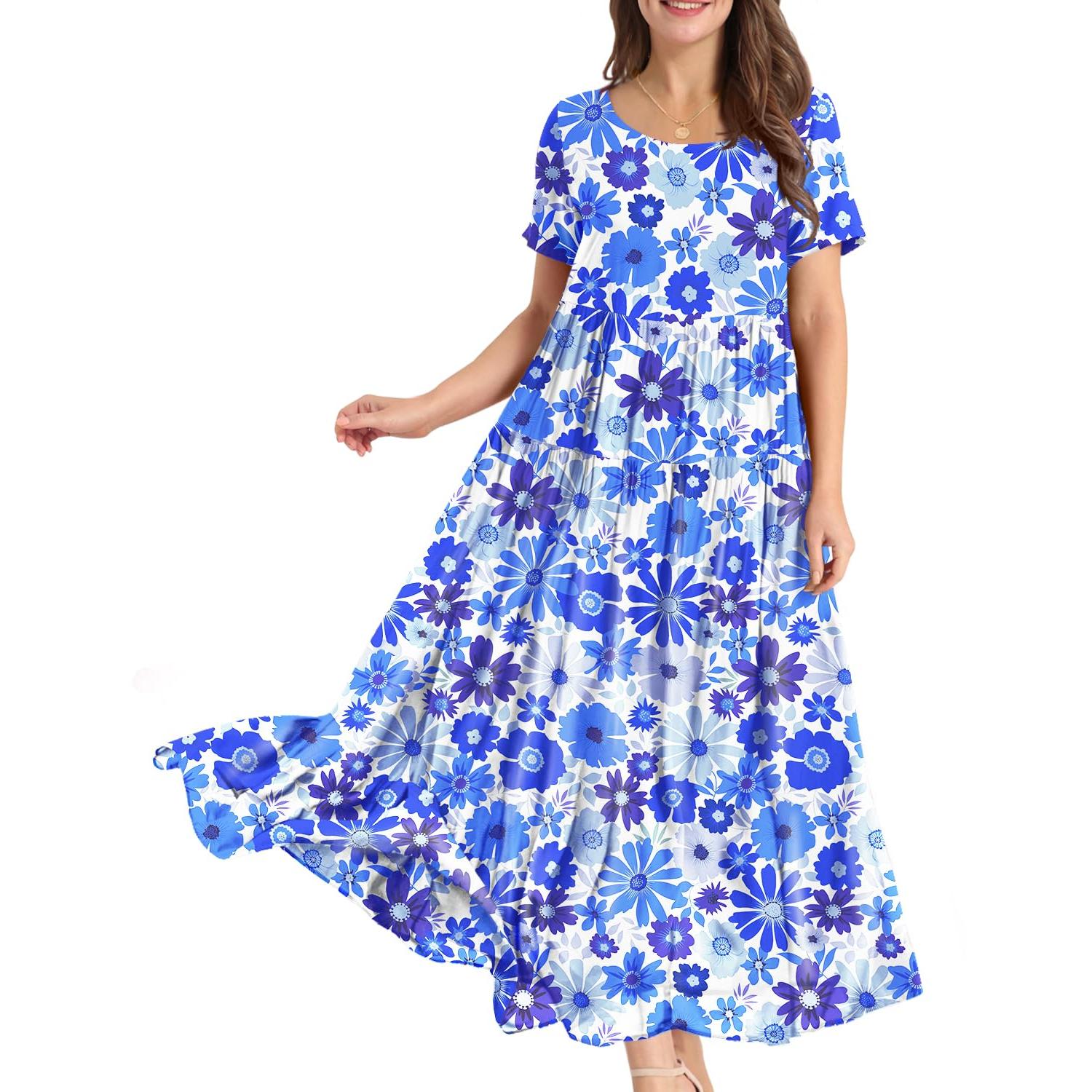 YESNO Plus Size Bohemian Floral Maxi Dress With Pockets