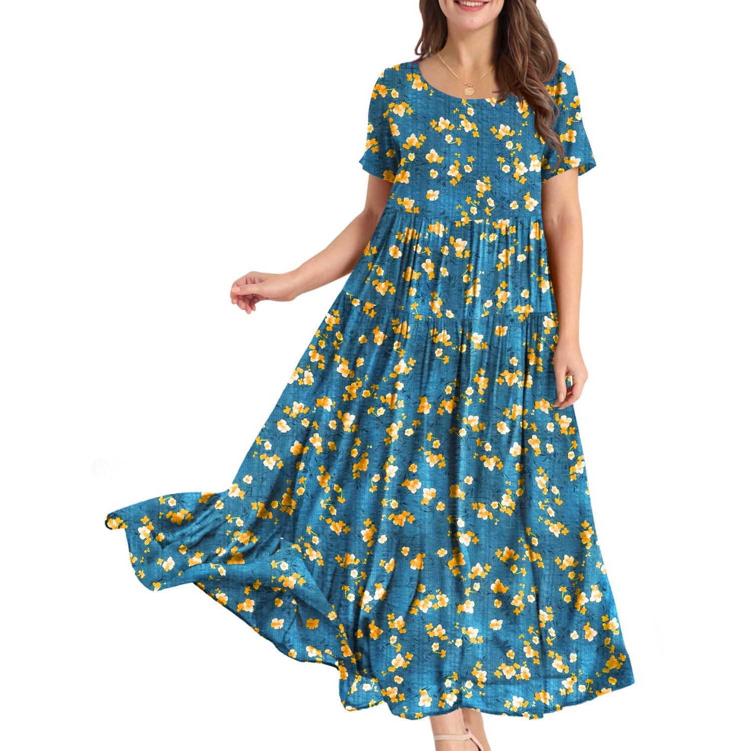 YESNO Plus Size Bohemian Floral Maxi Dress With Pockets