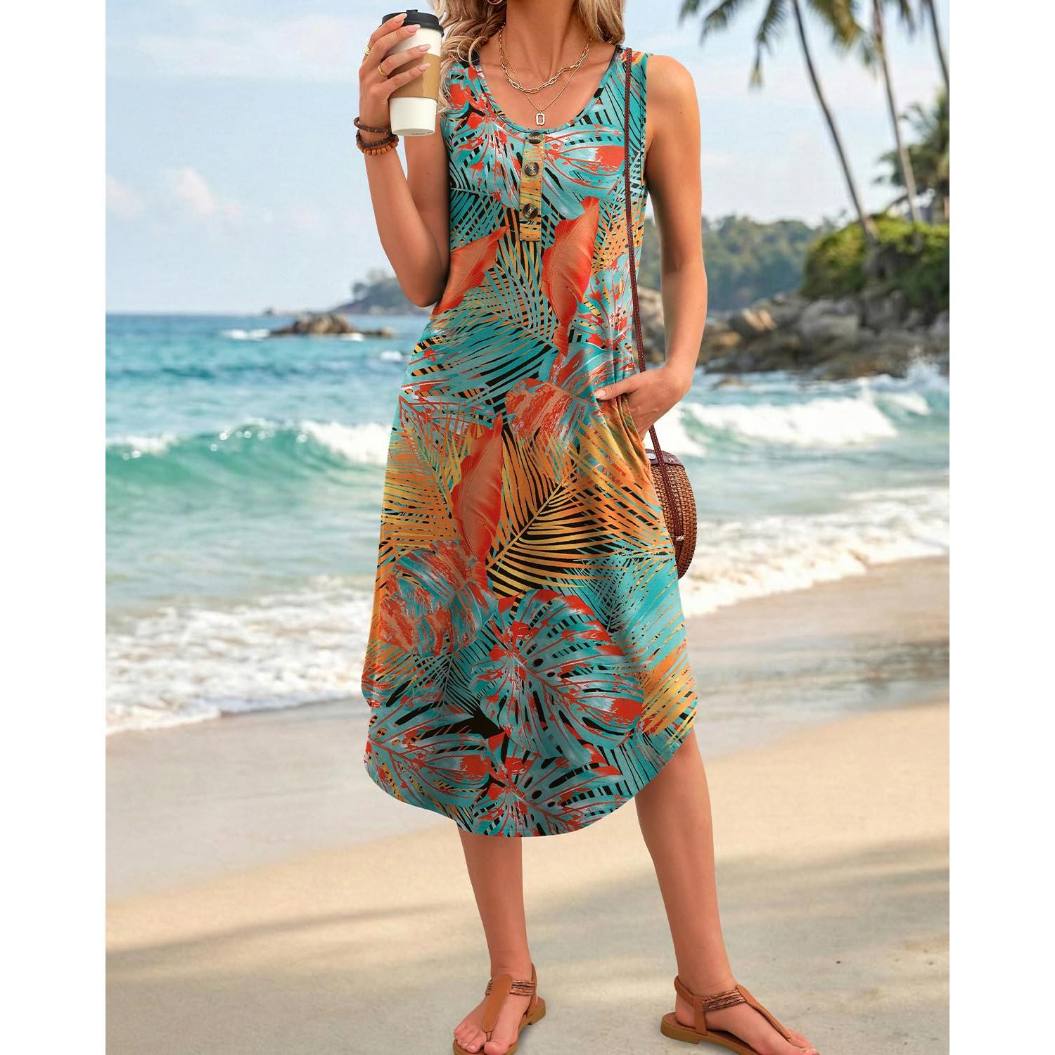 WIHOLL Button Front Sleeveless Midi Dress With Pockets