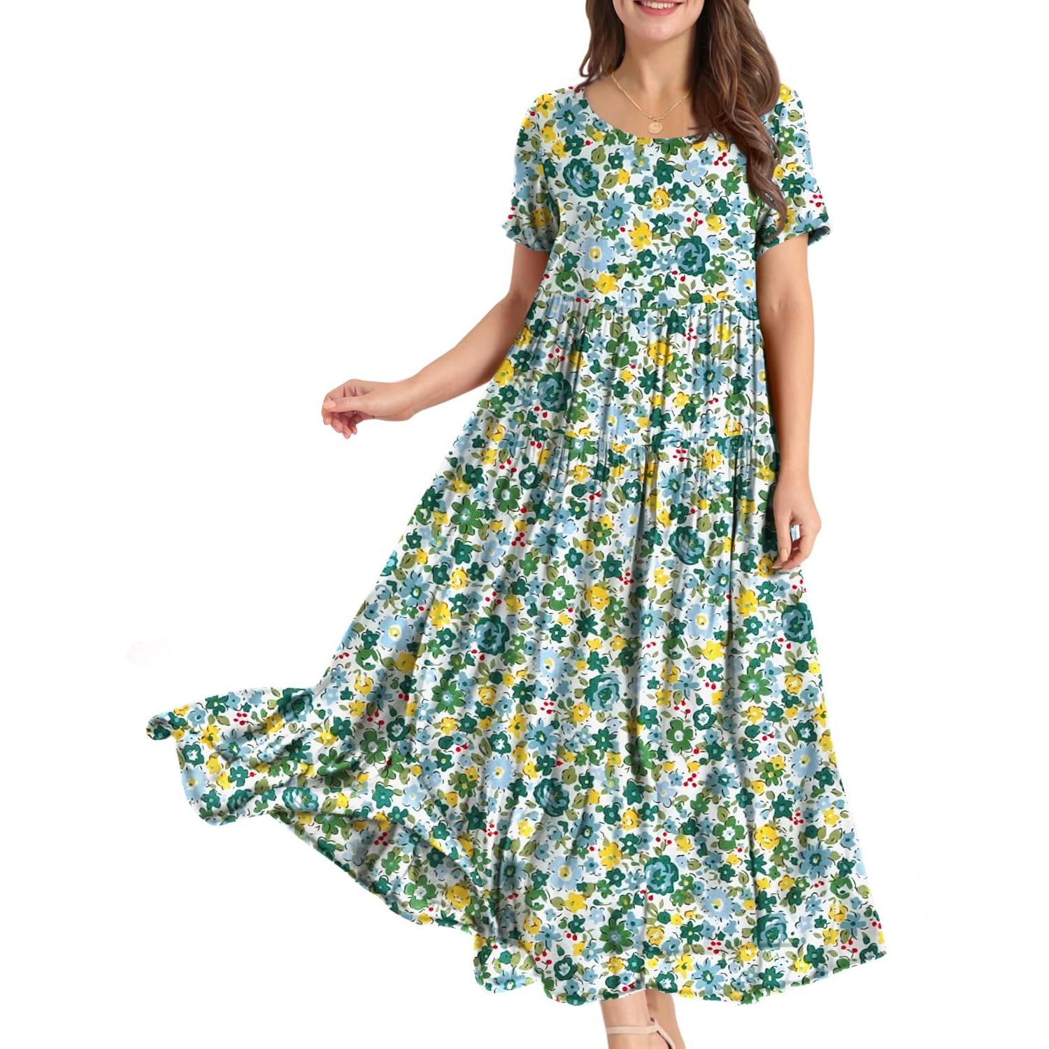 YESNO Plus Size Bohemian Floral Maxi Dress With Pockets
