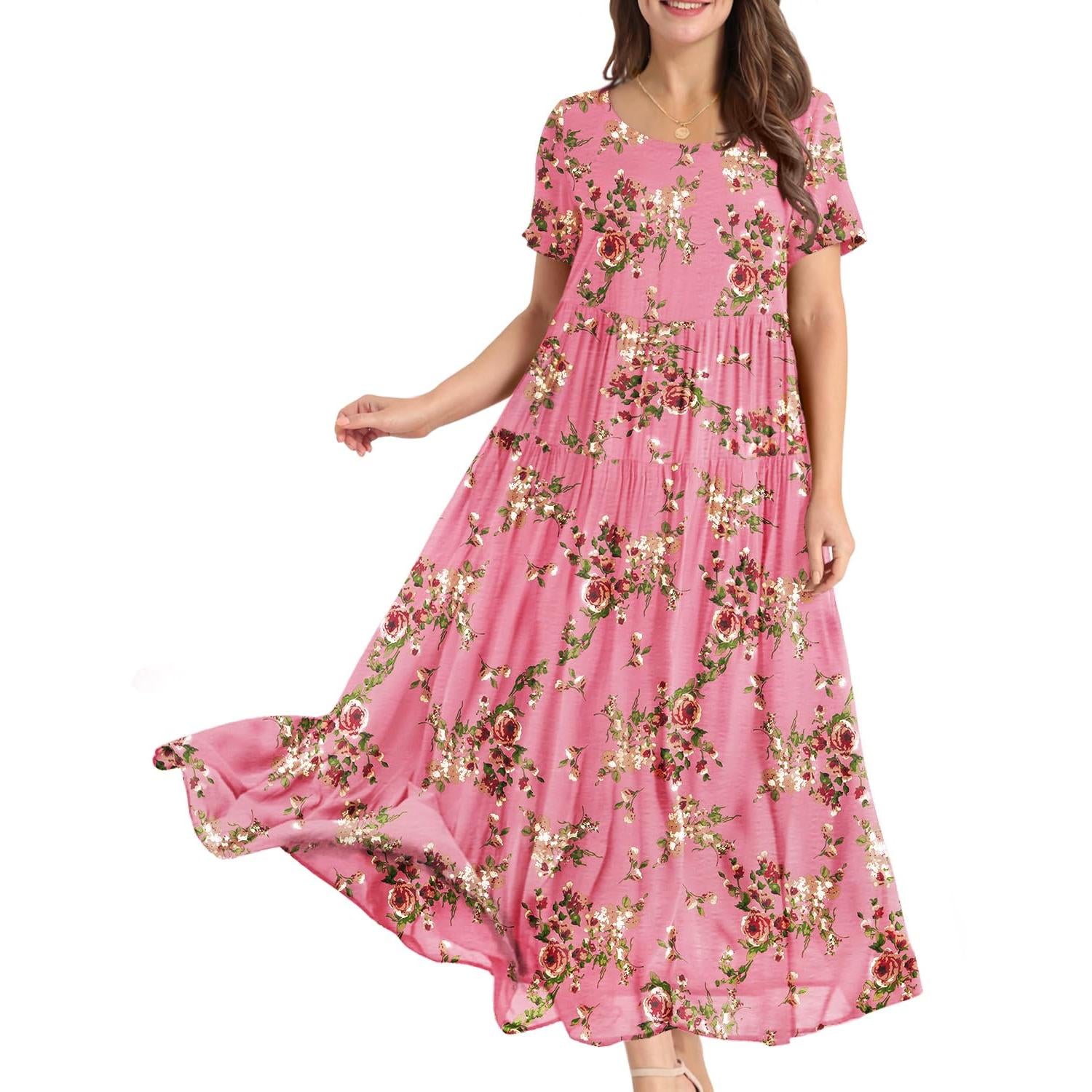 YESNO Plus Size Bohemian Floral Maxi Dress With Pockets