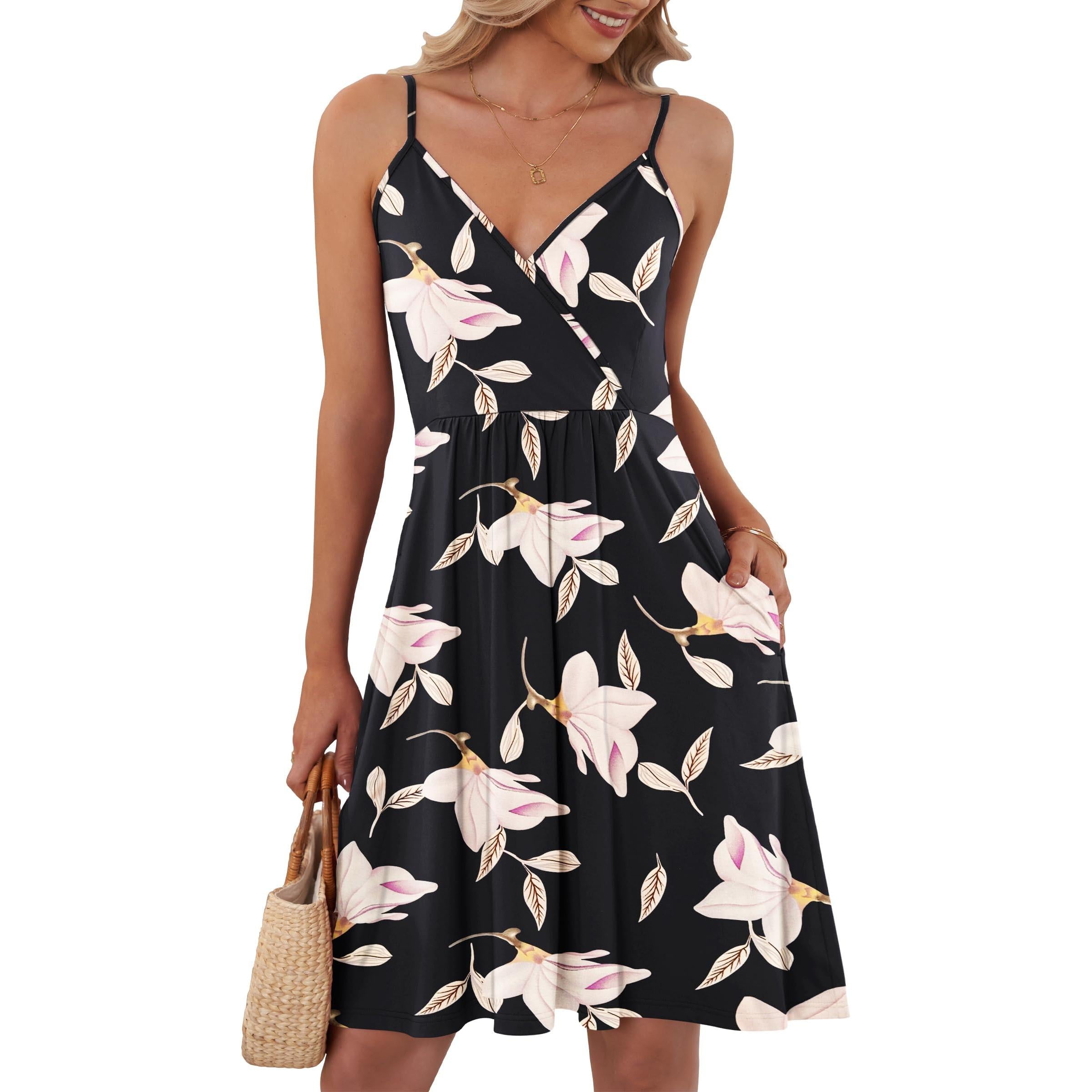 AUSELILY Summer V Neck Spaghetti Strap Dress With Pockets