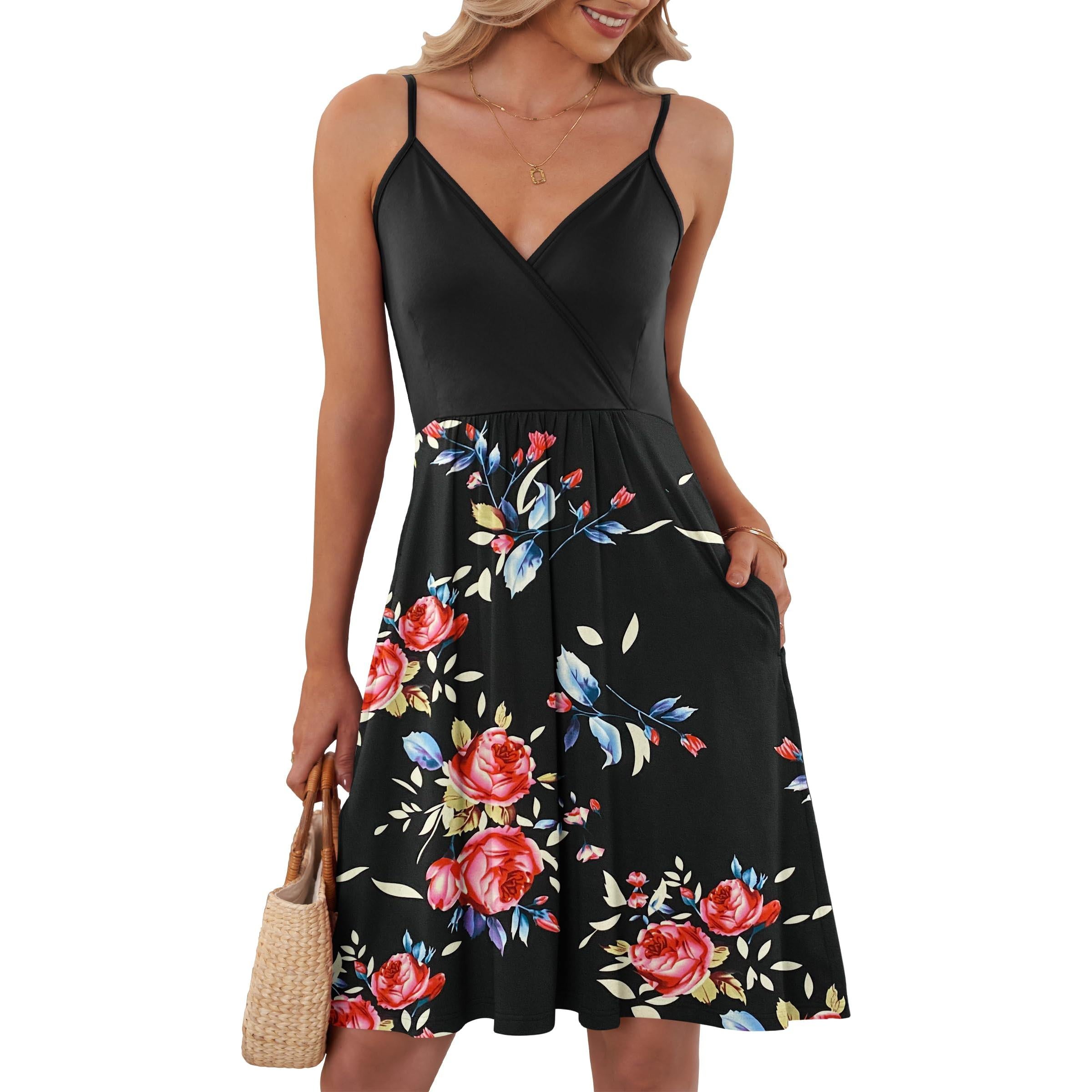 AUSELILY Summer V Neck Spaghetti Strap Dress With Pockets