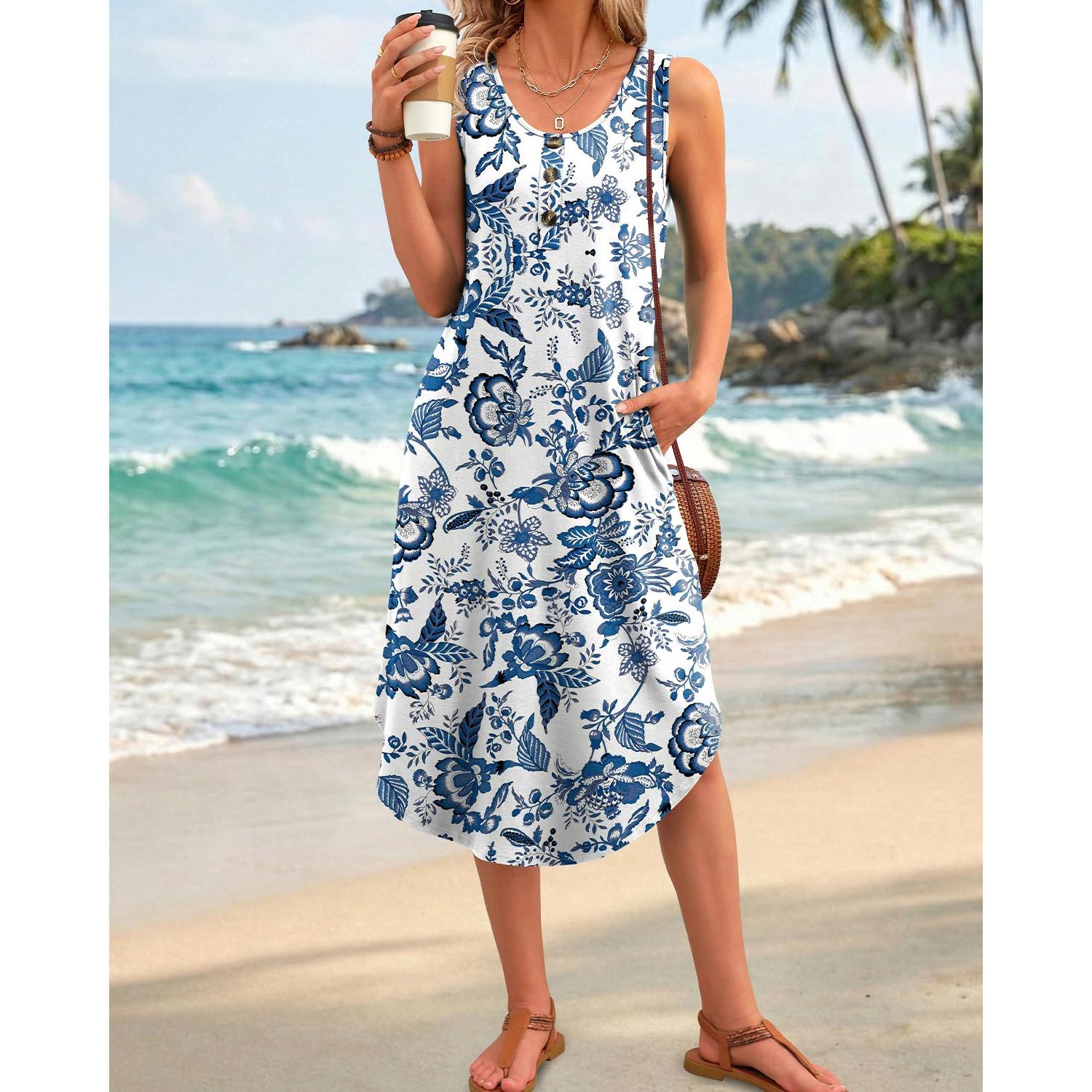 WIHOLL Button Front Sleeveless Midi Dress With Pockets