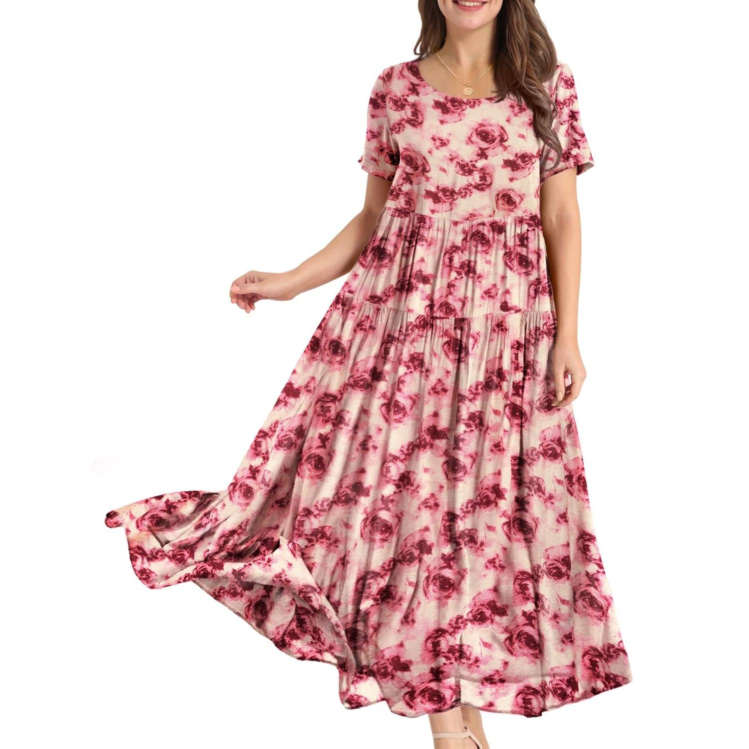 YESNO Plus Size Bohemian Floral Maxi Dress With Pockets