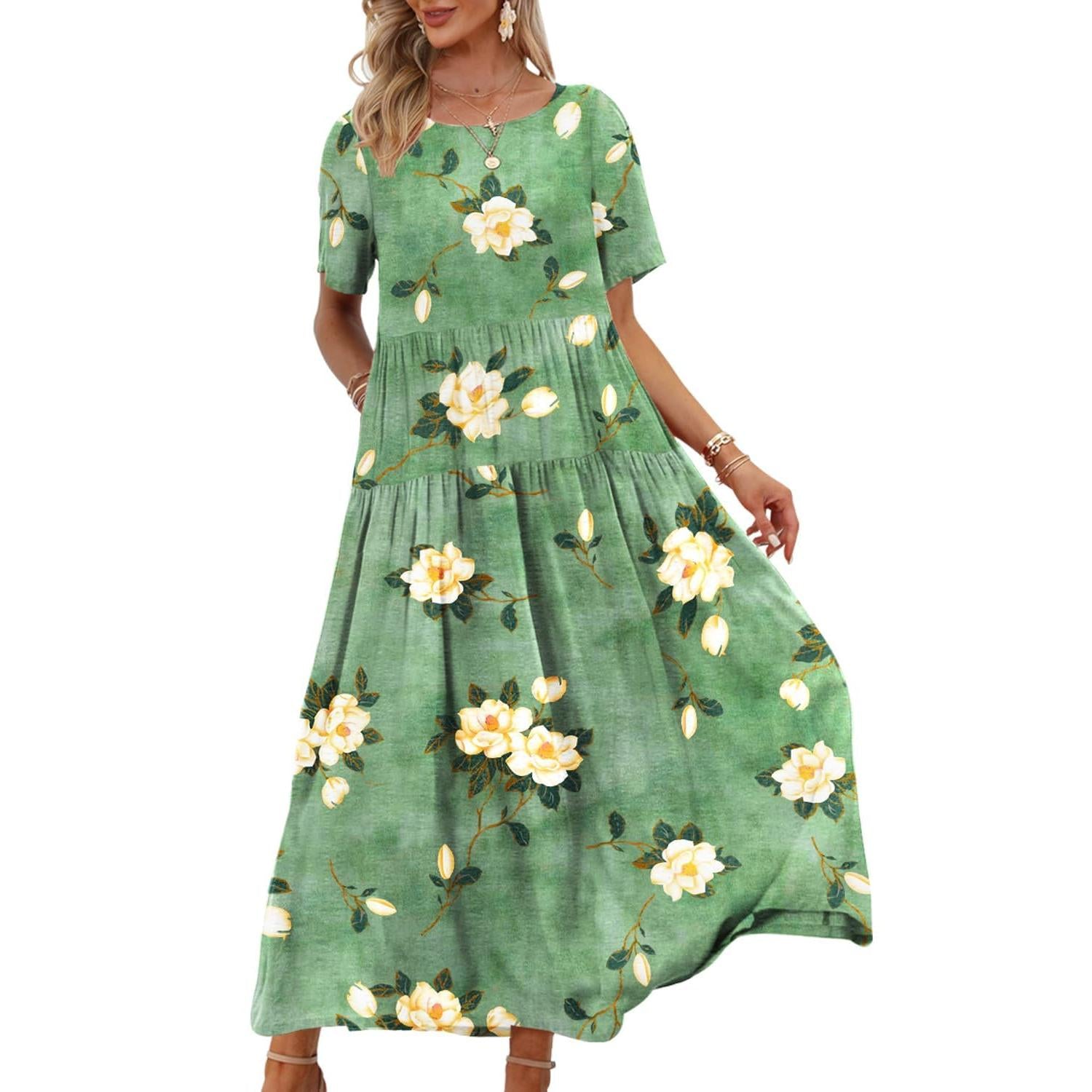 YESNO Plus Size Bohemian Floral Maxi Dress With Pockets