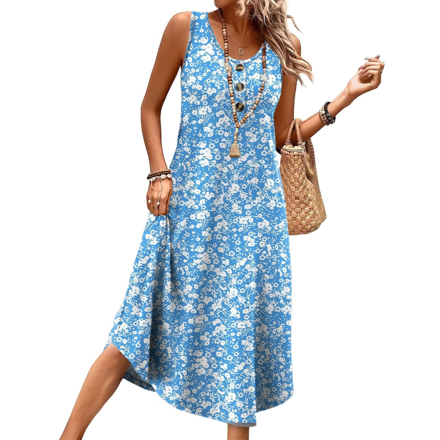 WIHOLL Button Front Sleeveless Midi Dress With Pockets