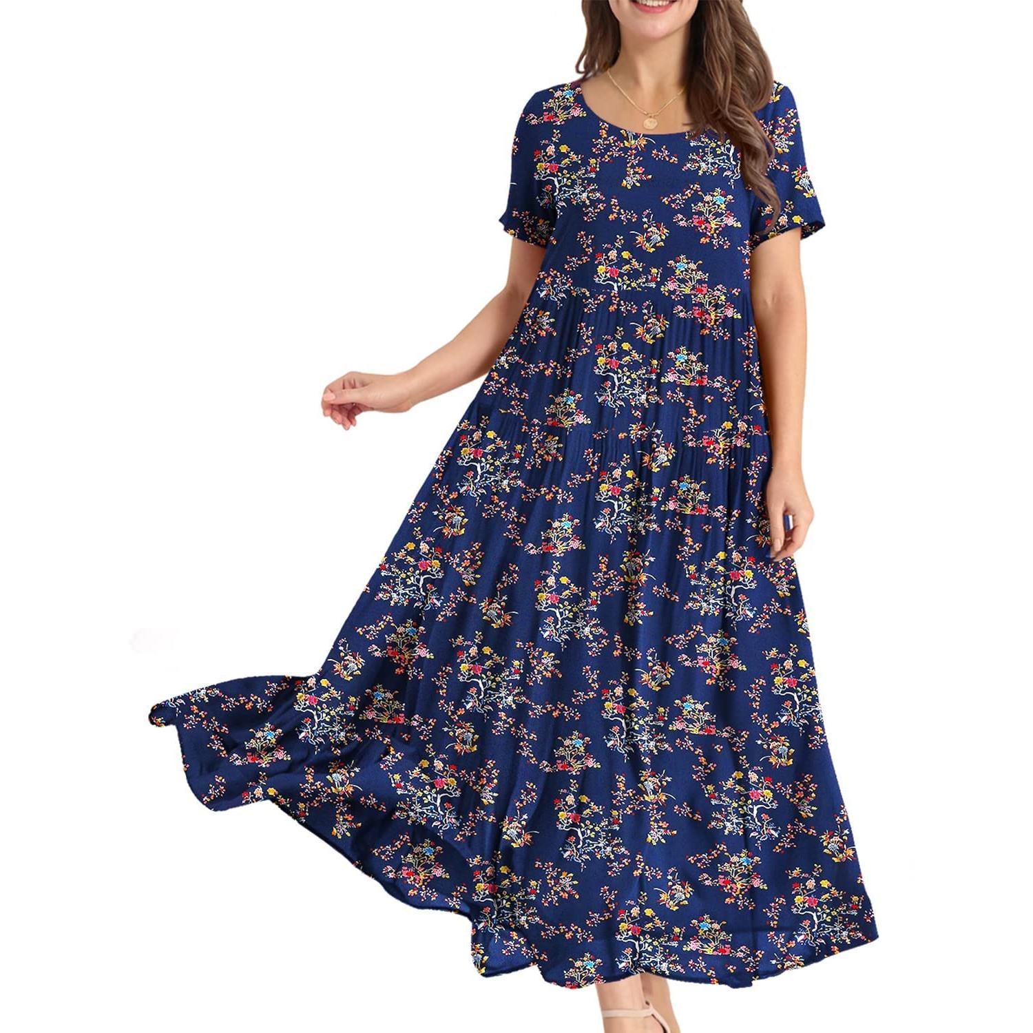 YESNO Plus Size Bohemian Floral Maxi Dress With Pockets