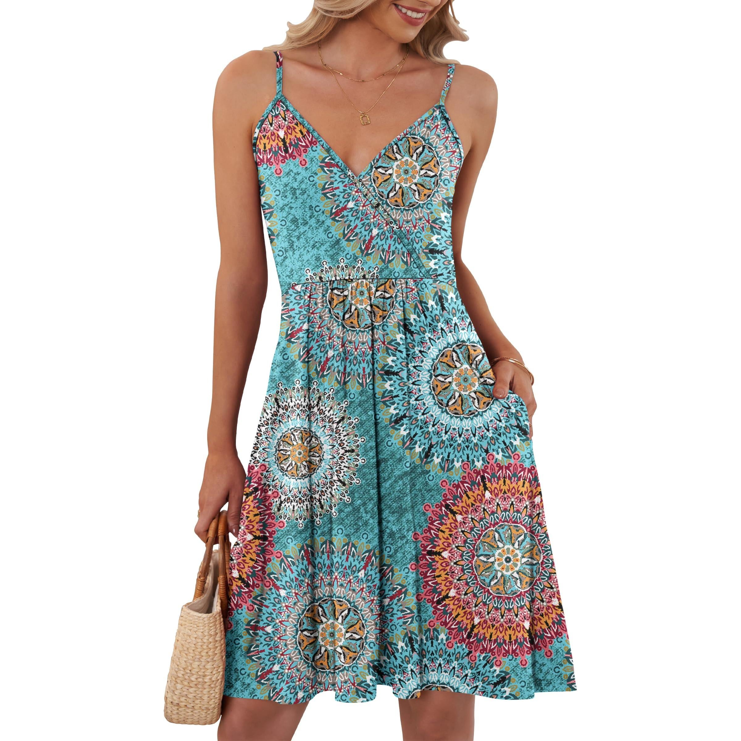 AUSELILY Summer V Neck Spaghetti Strap Dress With Pockets