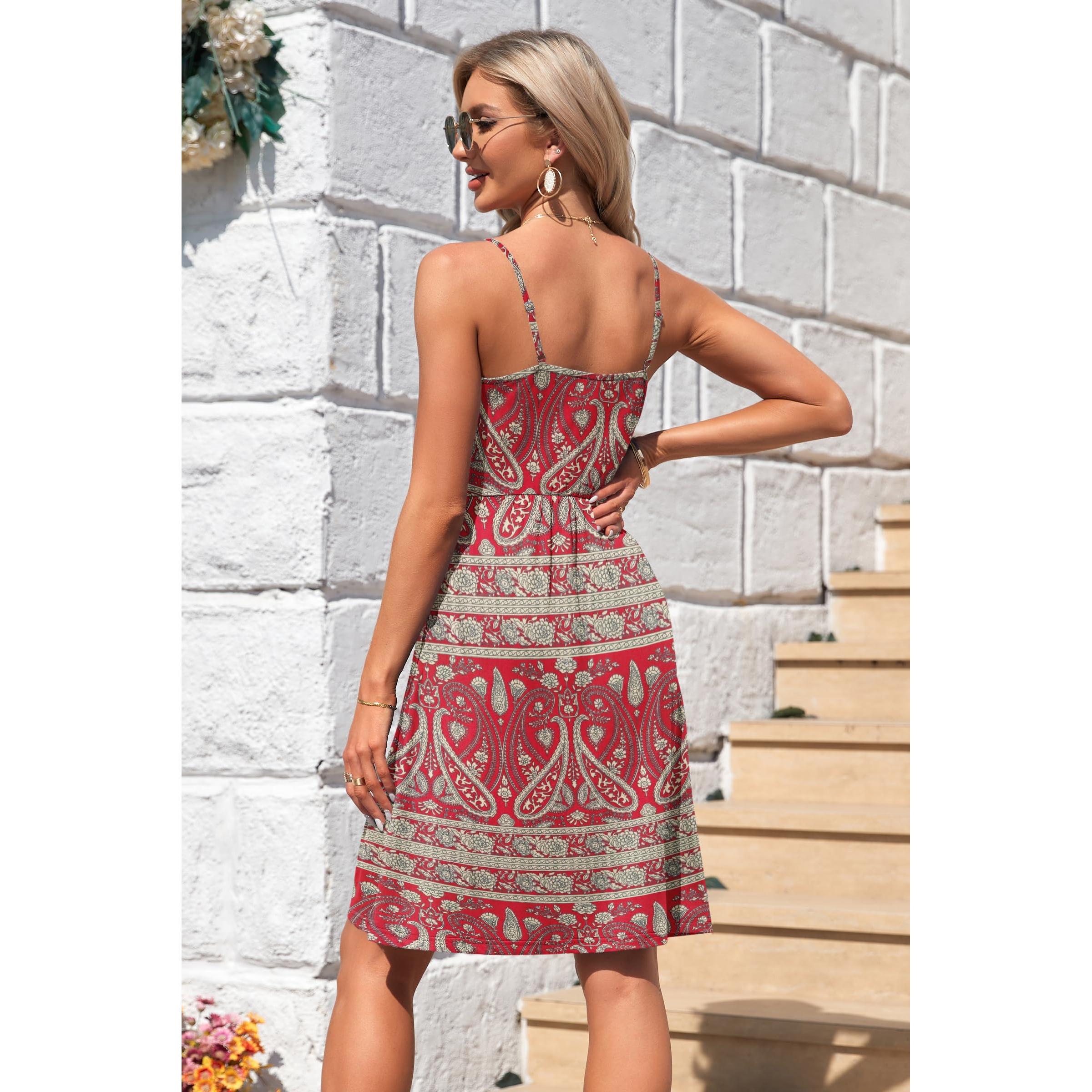 AUSELILY Summer V Neck Spaghetti Strap Dress With Pockets