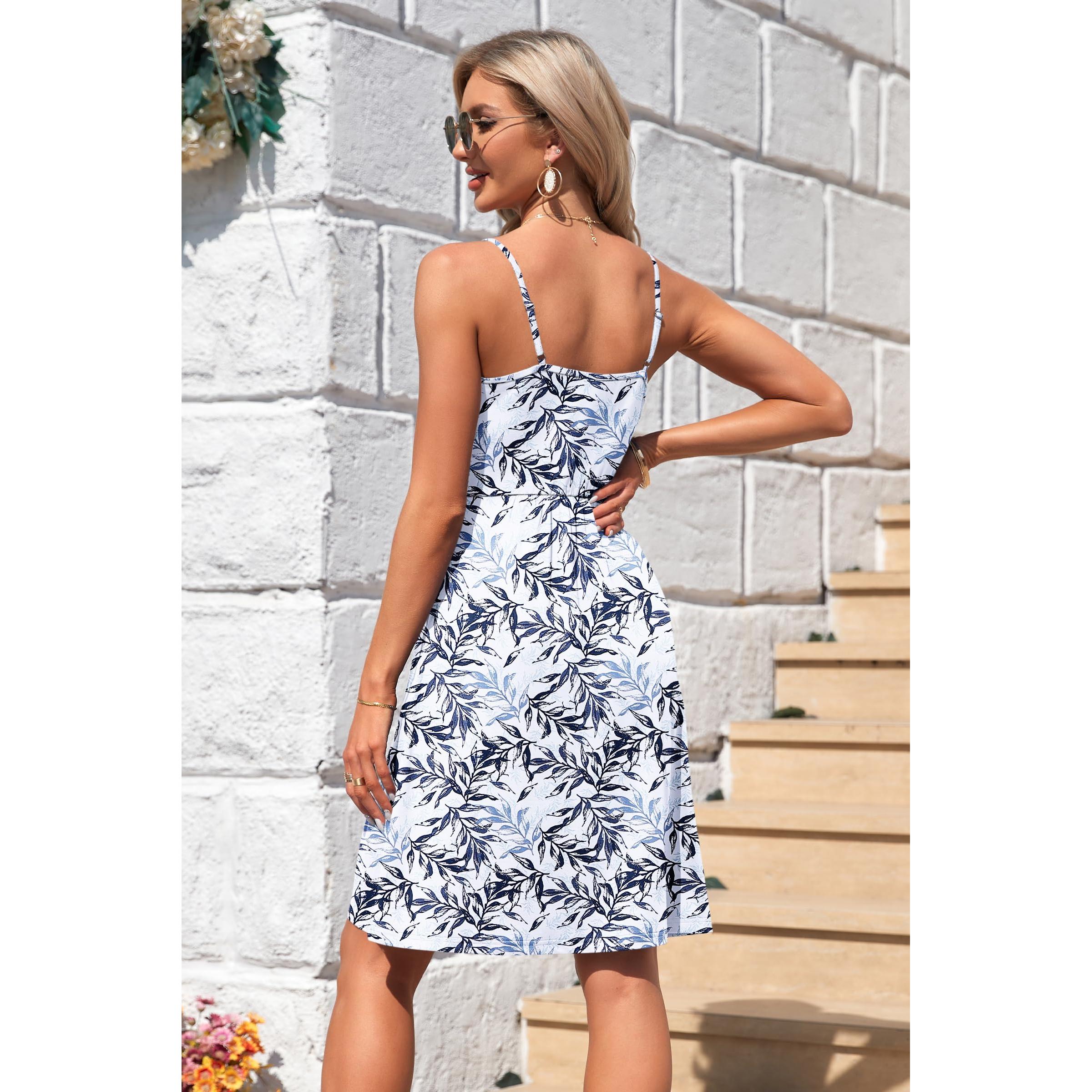 AUSELILY Summer V Neck Spaghetti Strap Dress With Pockets