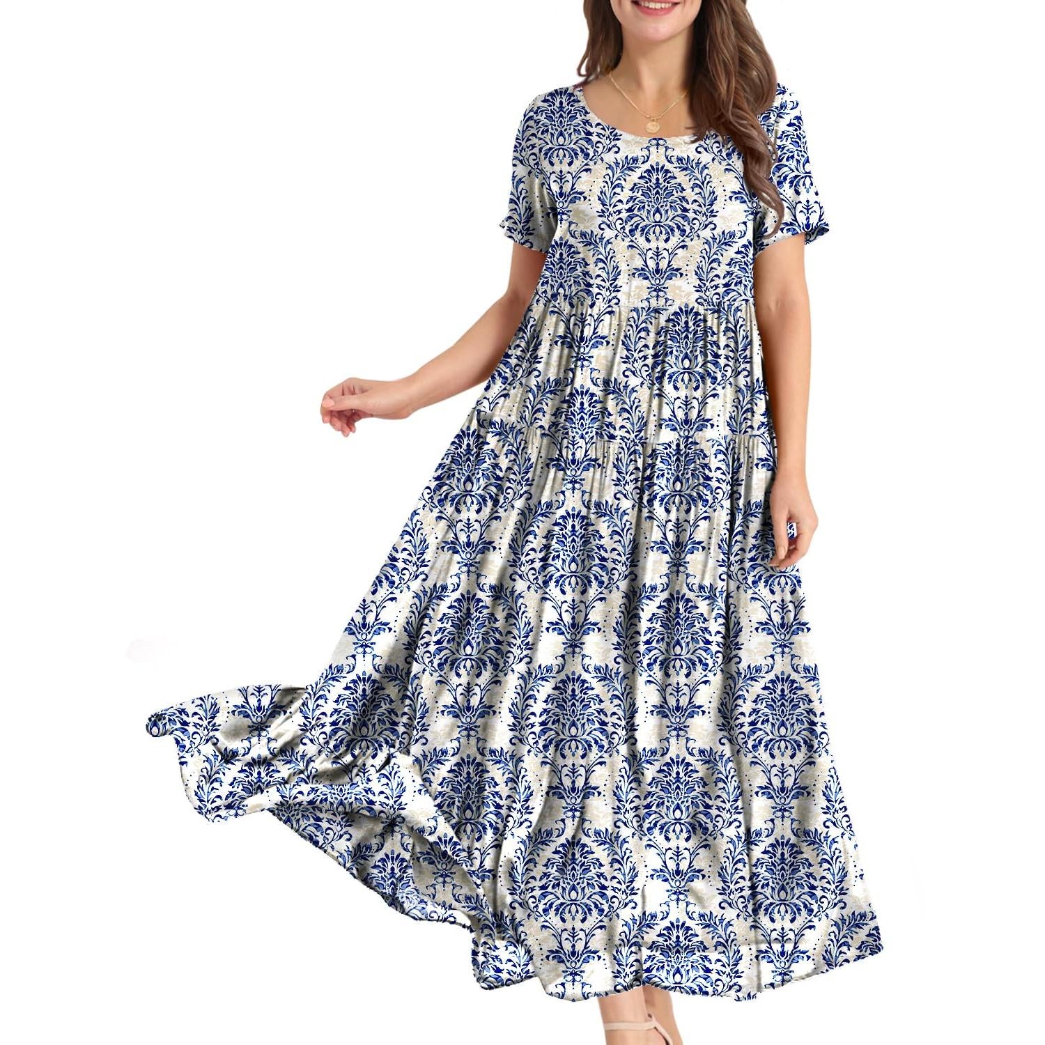 YESNO Plus Size Bohemian Floral Maxi Dress With Pockets