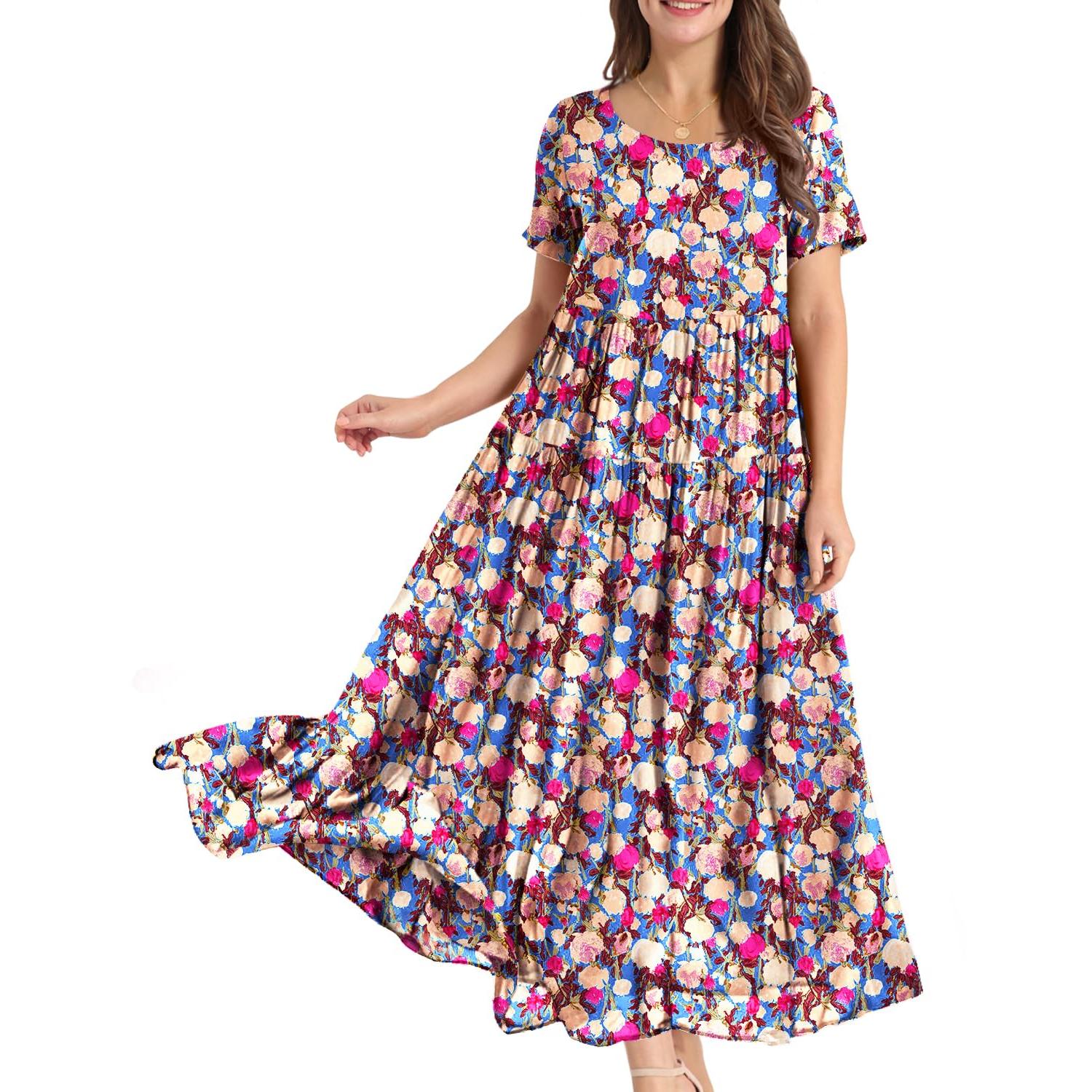 YESNO Plus Size Bohemian Floral Maxi Dress With Pockets