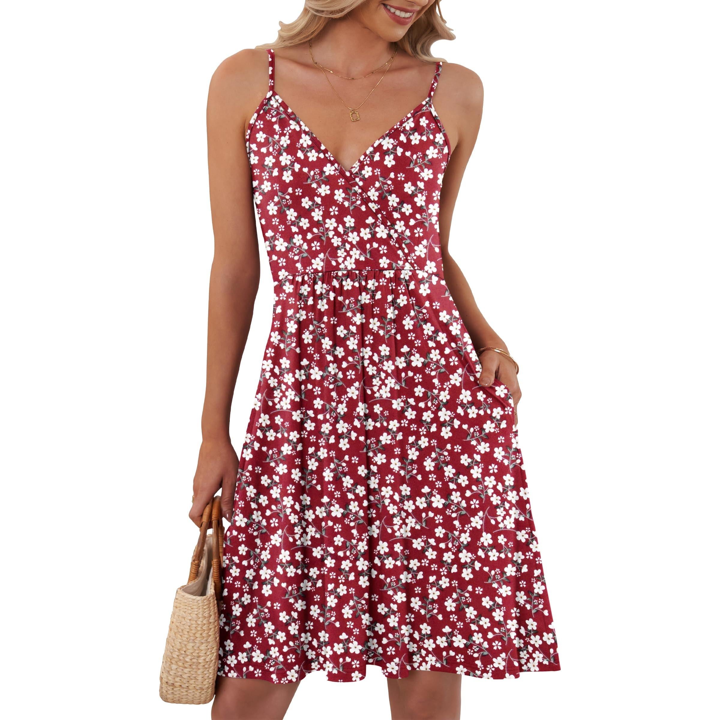 AUSELILY Summer V Neck Spaghetti Strap Dress With Pockets