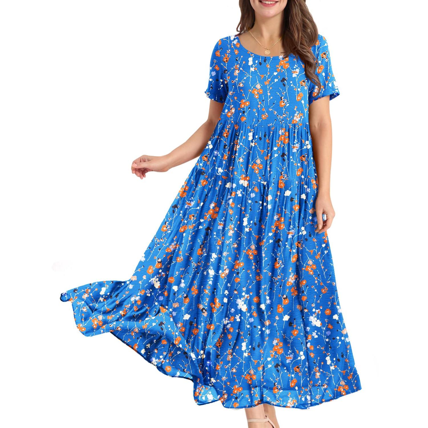 YESNO Plus Size Bohemian Floral Maxi Dress With Pockets