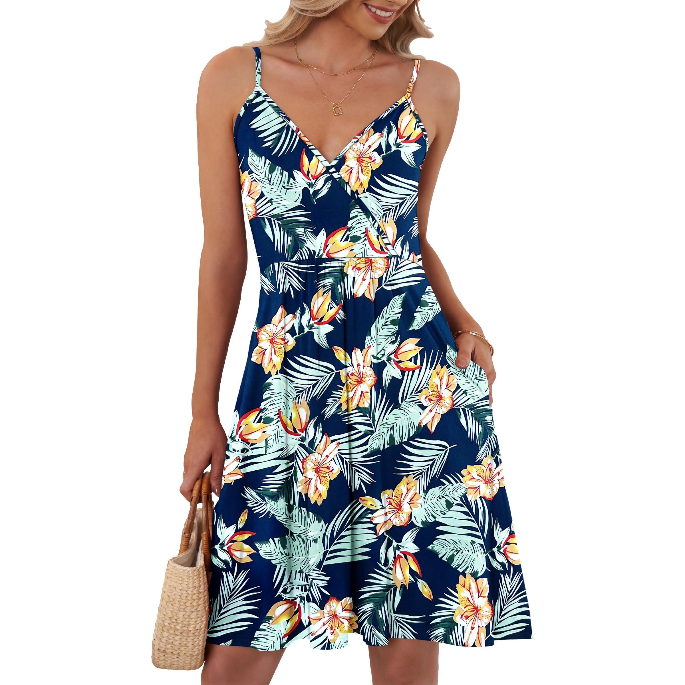 AUSELILY Summer V Neck Spaghetti Strap Dress With Pockets
