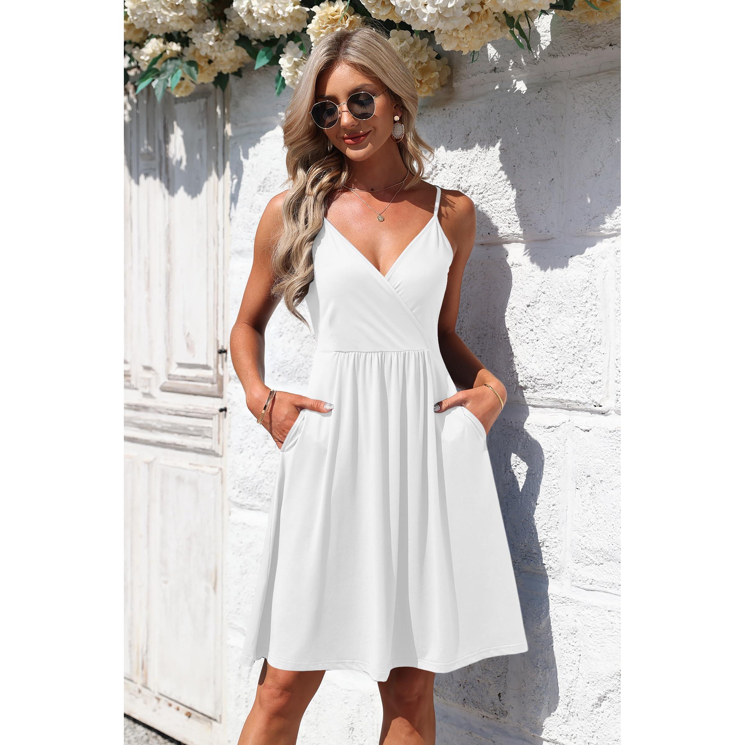 AUSELILY Summer V Neck Spaghetti Strap Dress With Pockets