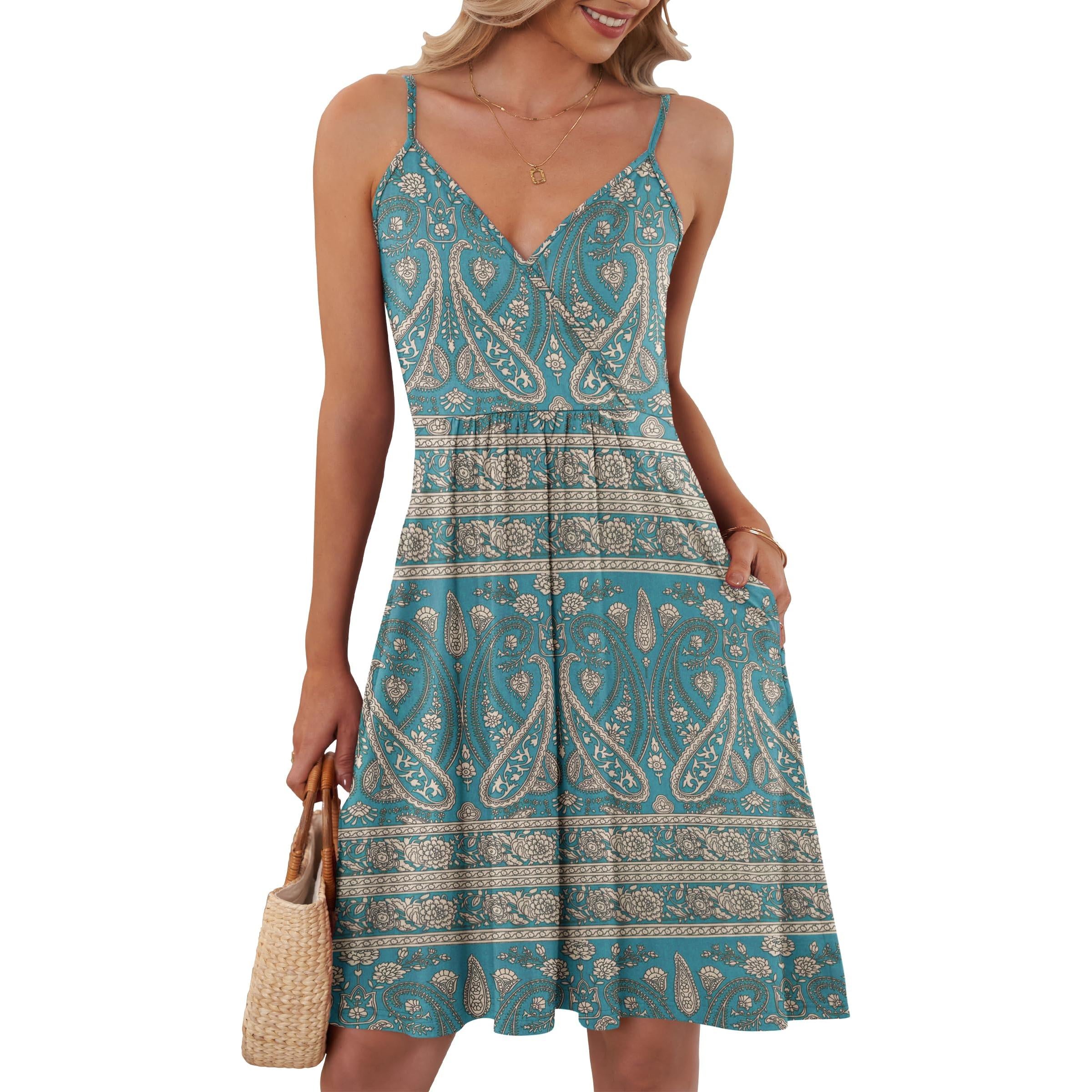 AUSELILY Summer V Neck Spaghetti Strap Dress With Pockets