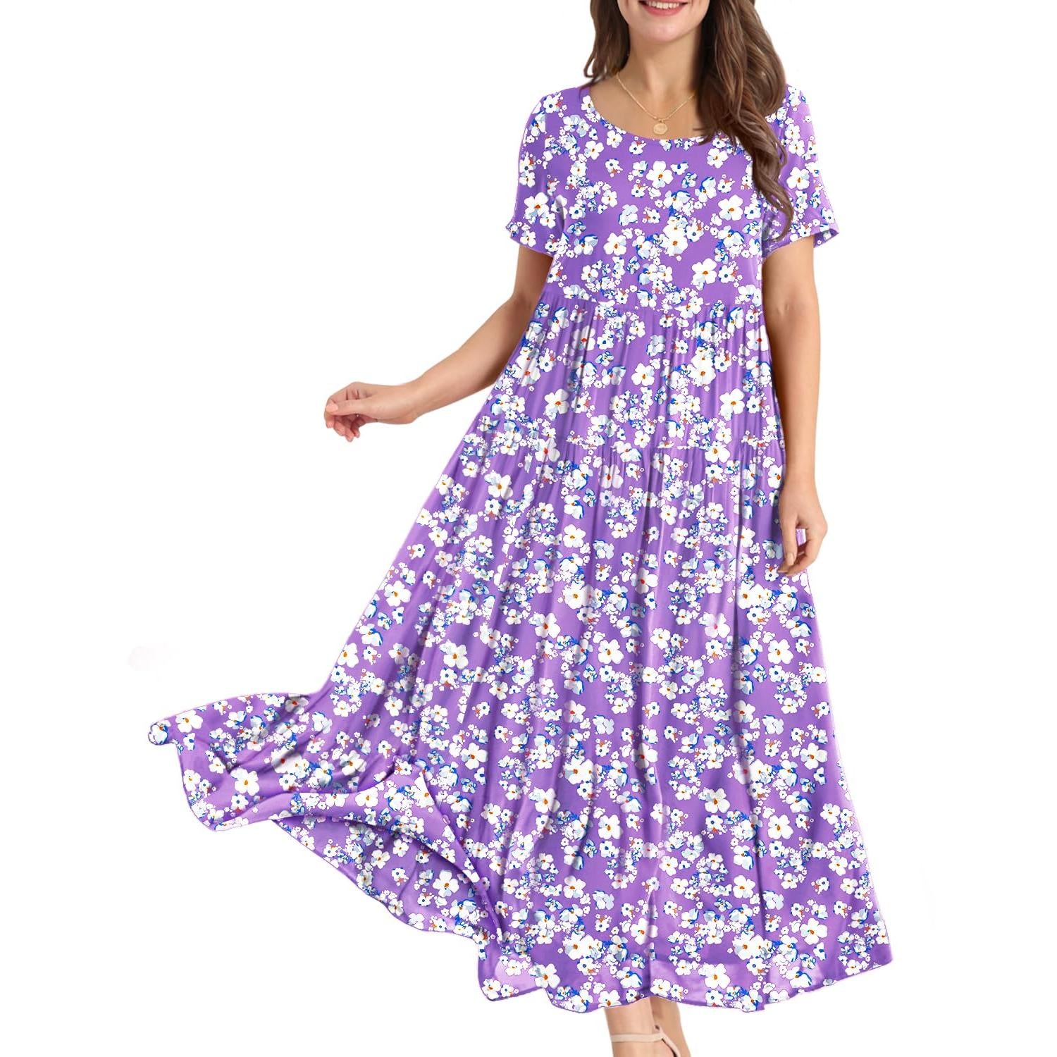 YESNO Plus Size Bohemian Floral Maxi Dress With Pockets