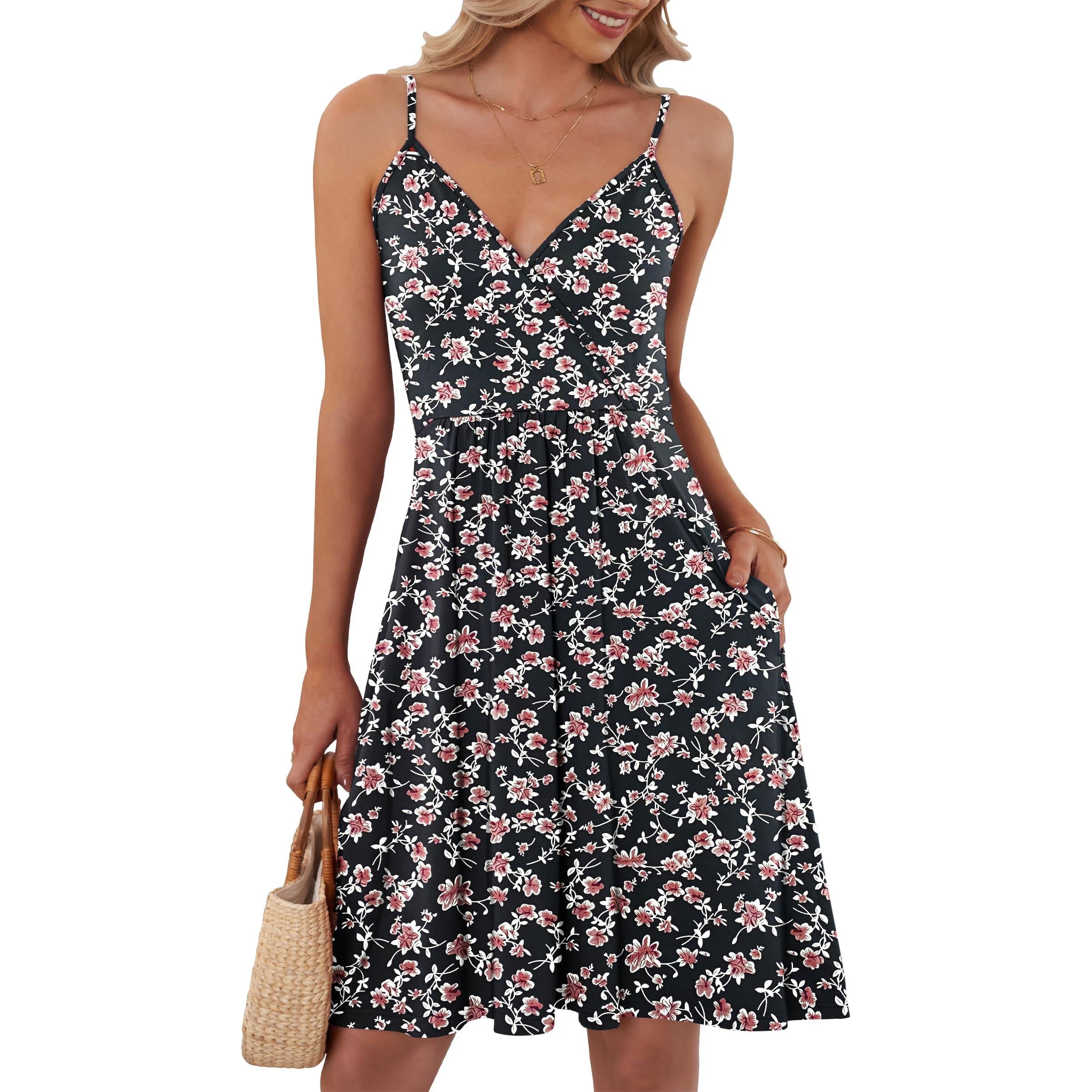 AUSELILY Summer V Neck Spaghetti Strap Dress With Pockets