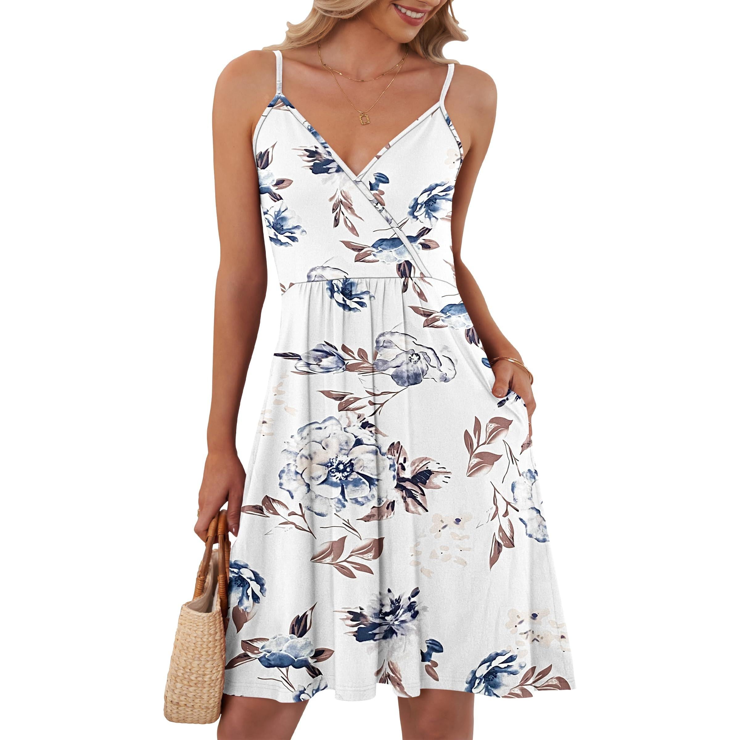 AUSELILY Summer V Neck Spaghetti Strap Dress With Pockets