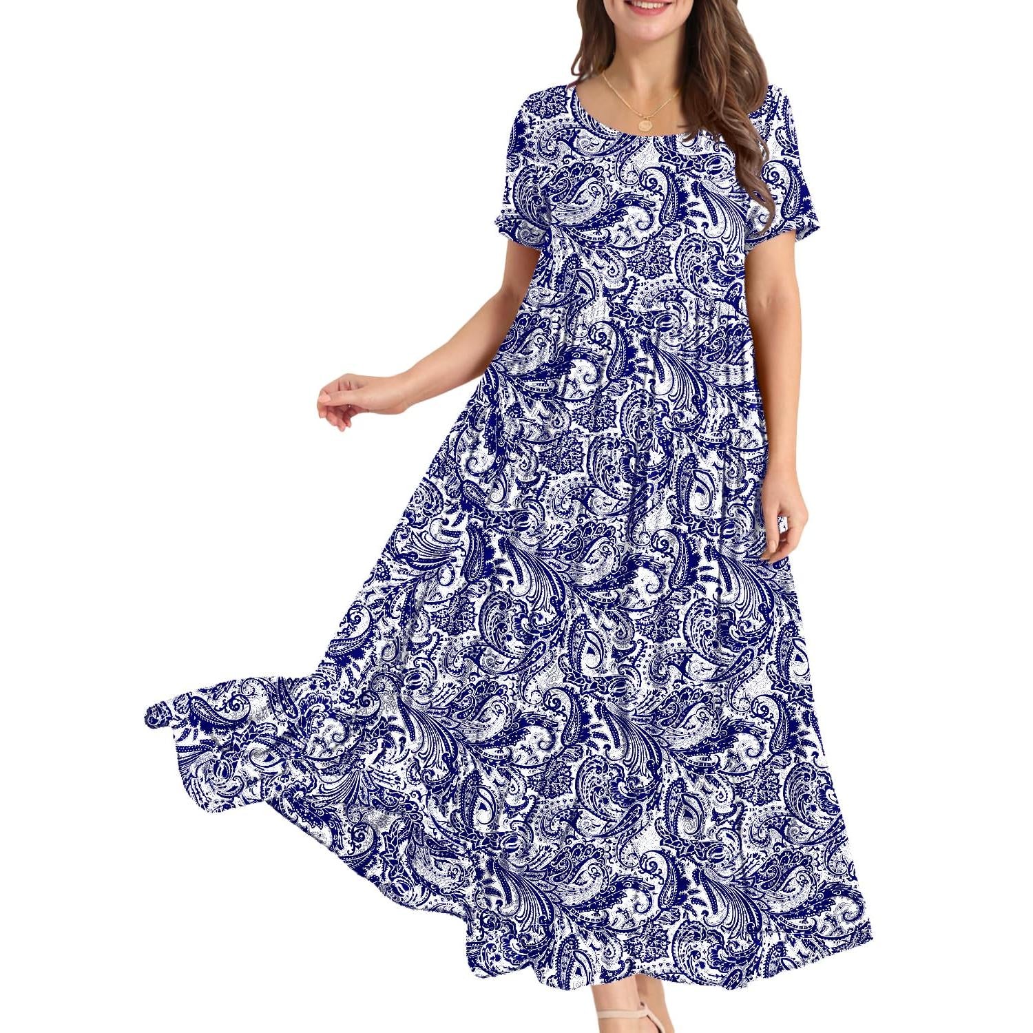 YESNO Plus Size Bohemian Floral Maxi Dress With Pockets