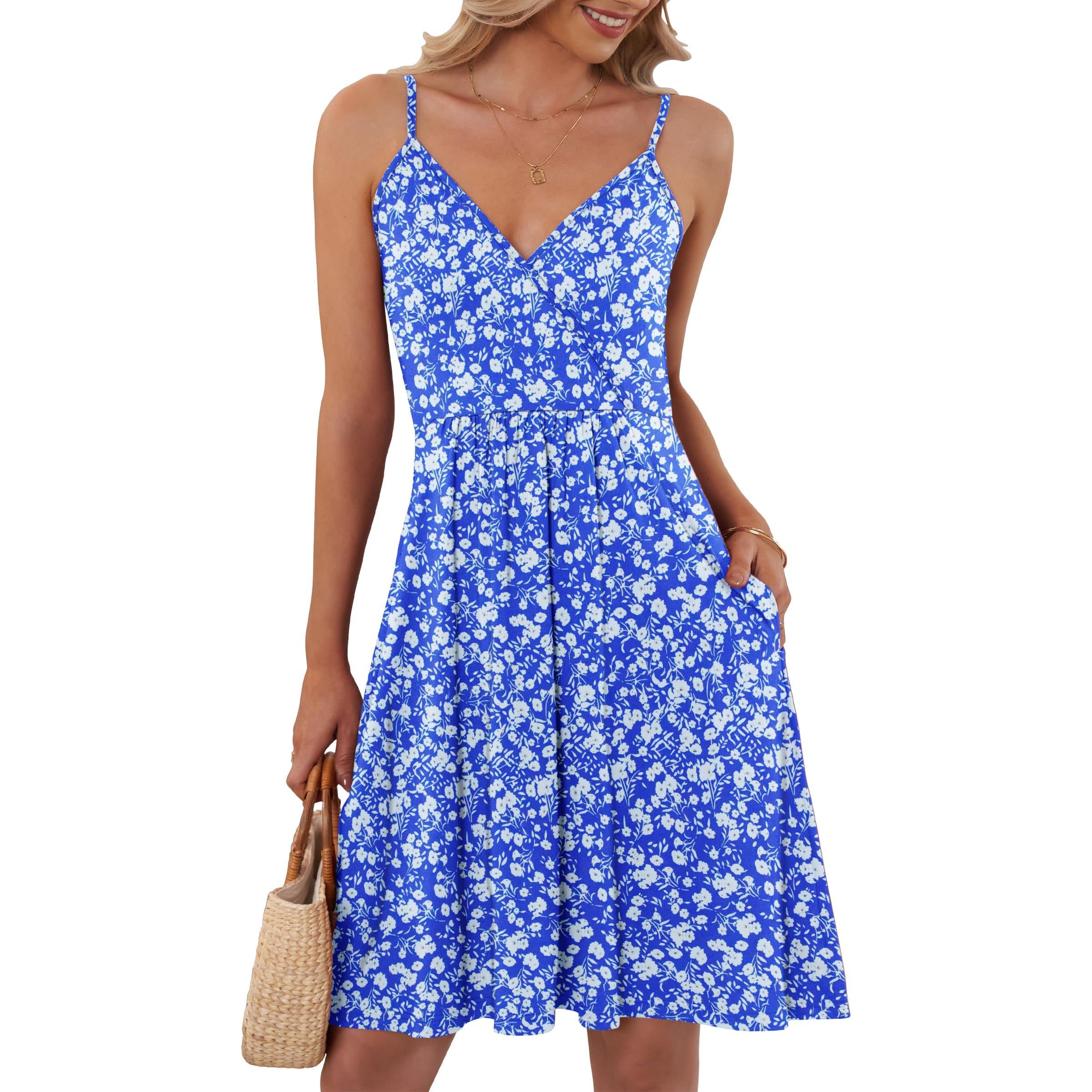 AUSELILY Summer V Neck Spaghetti Strap Dress With Pockets