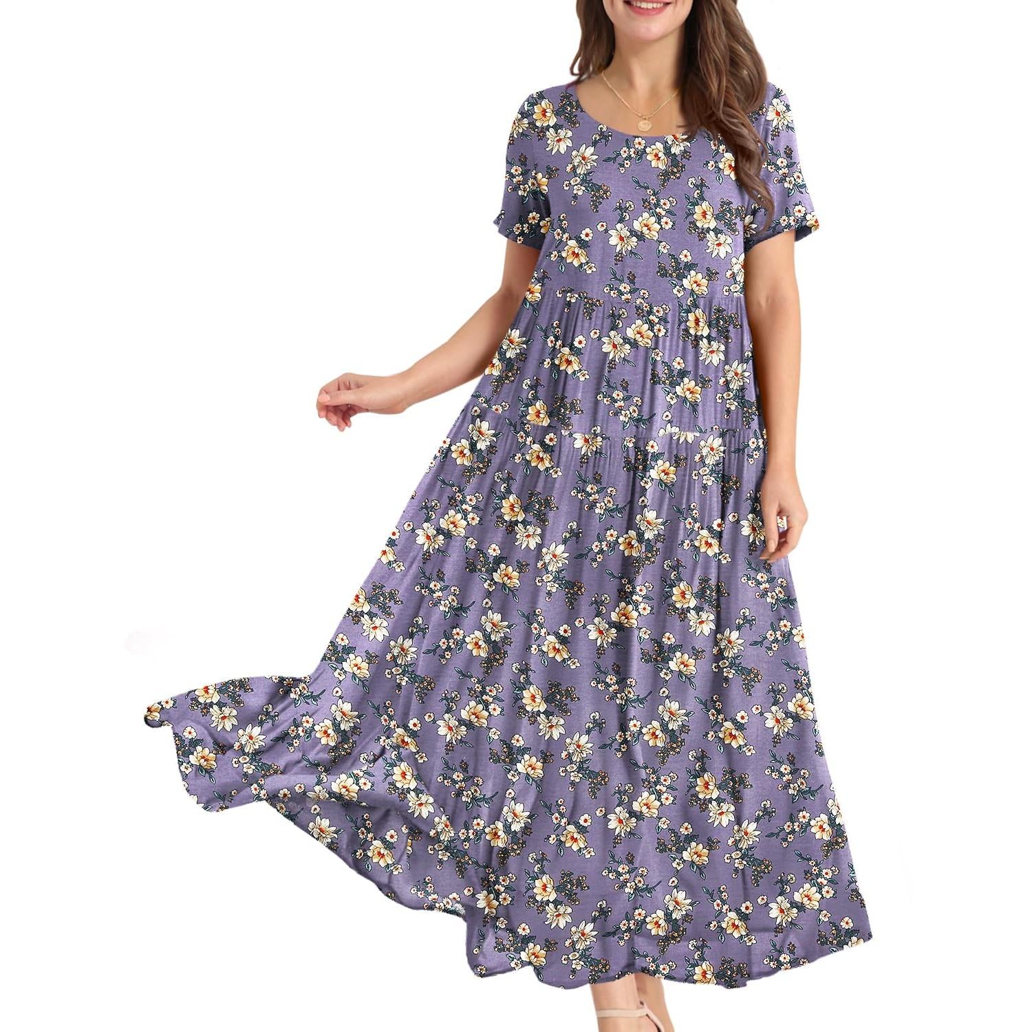 YESNO Plus Size Bohemian Floral Maxi Dress With Pockets