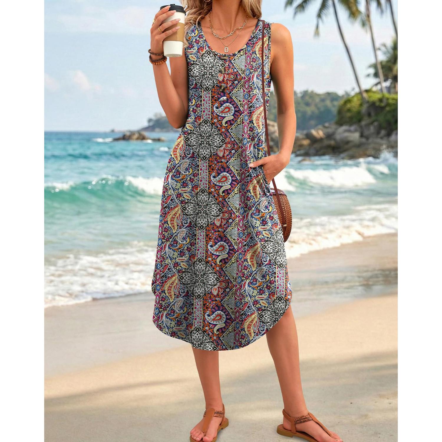 WIHOLL Button Front Sleeveless Midi Dress With Pockets