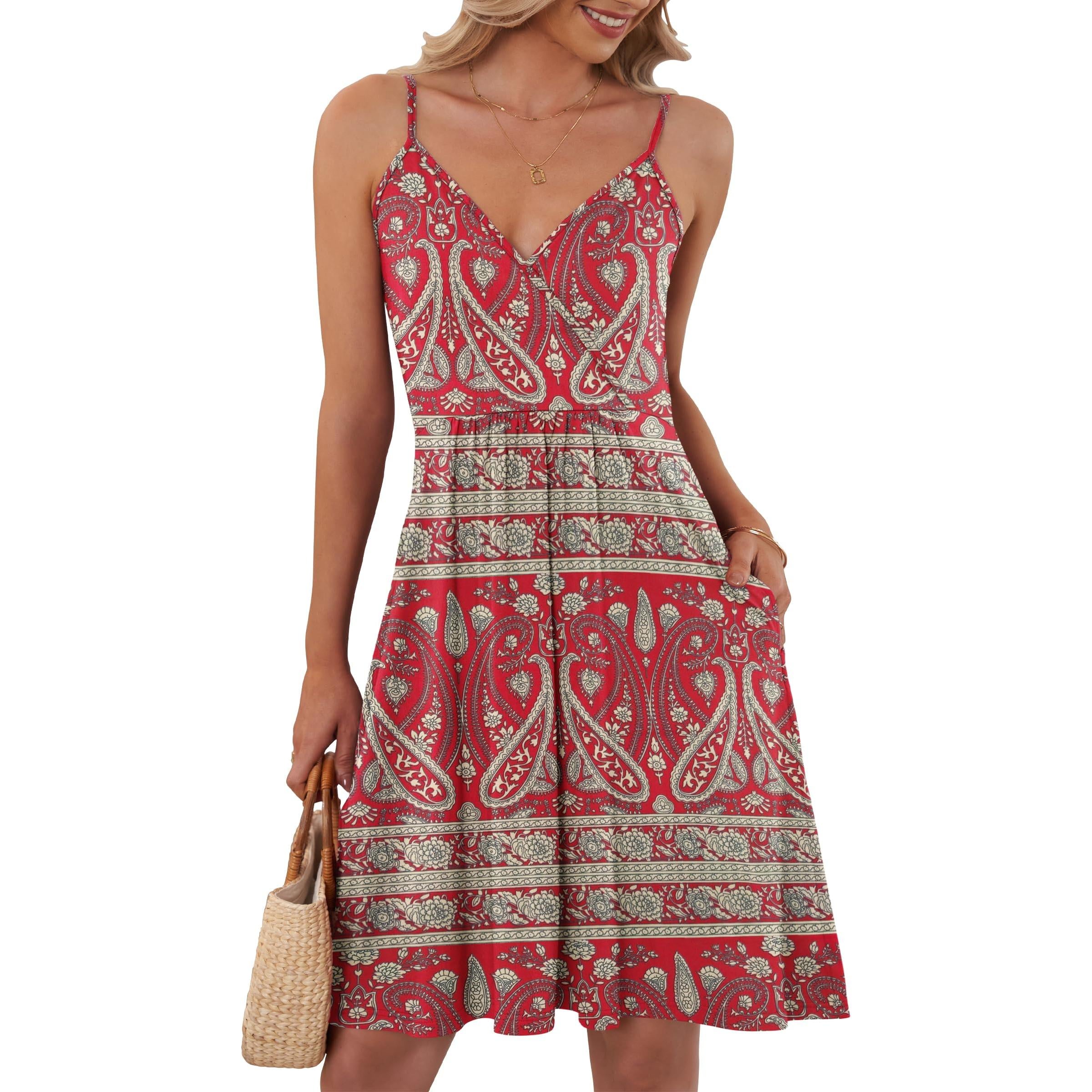 AUSELILY Summer V Neck Spaghetti Strap Dress With Pockets