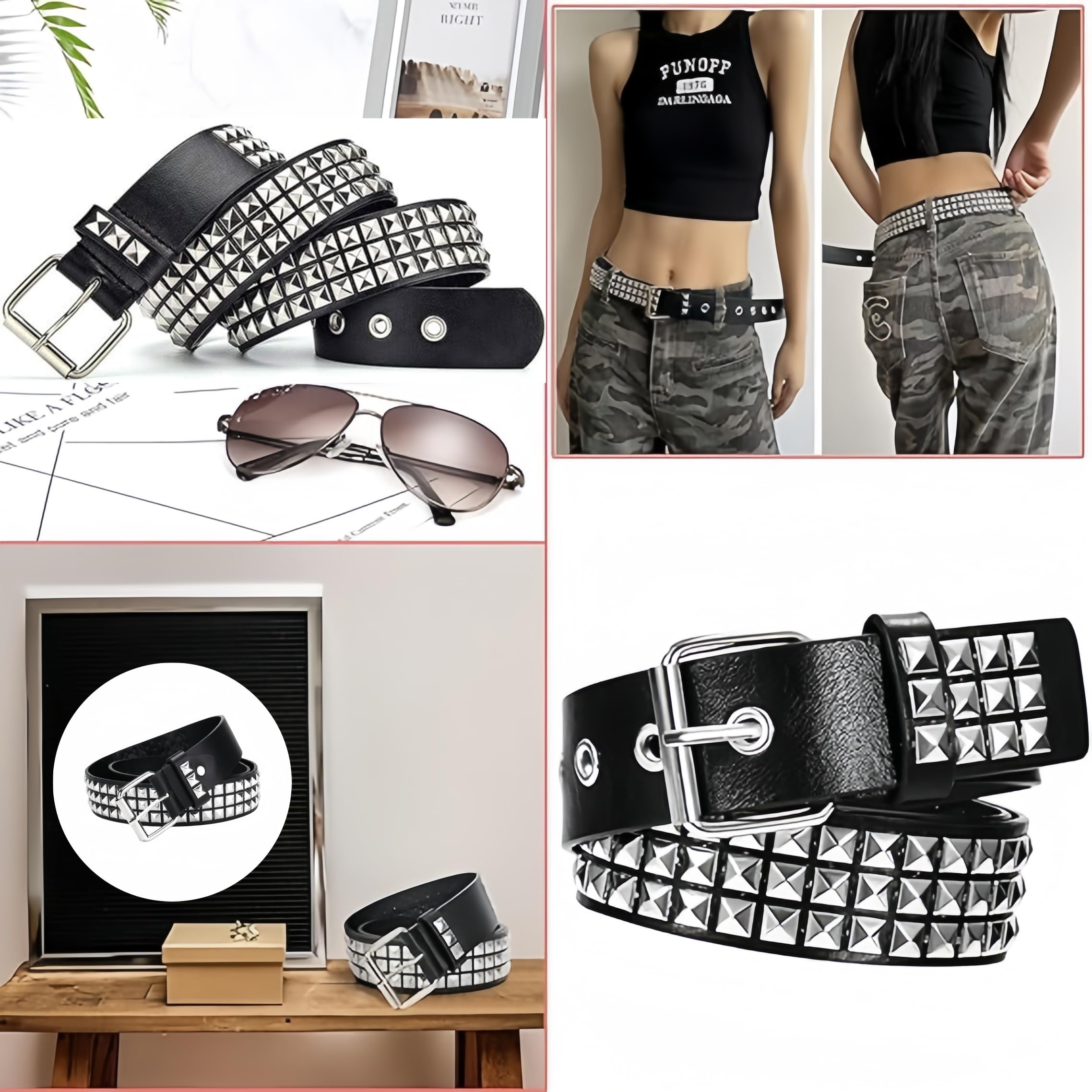 Goth Row Rivet Studded Belt Black PU Leather 110cm