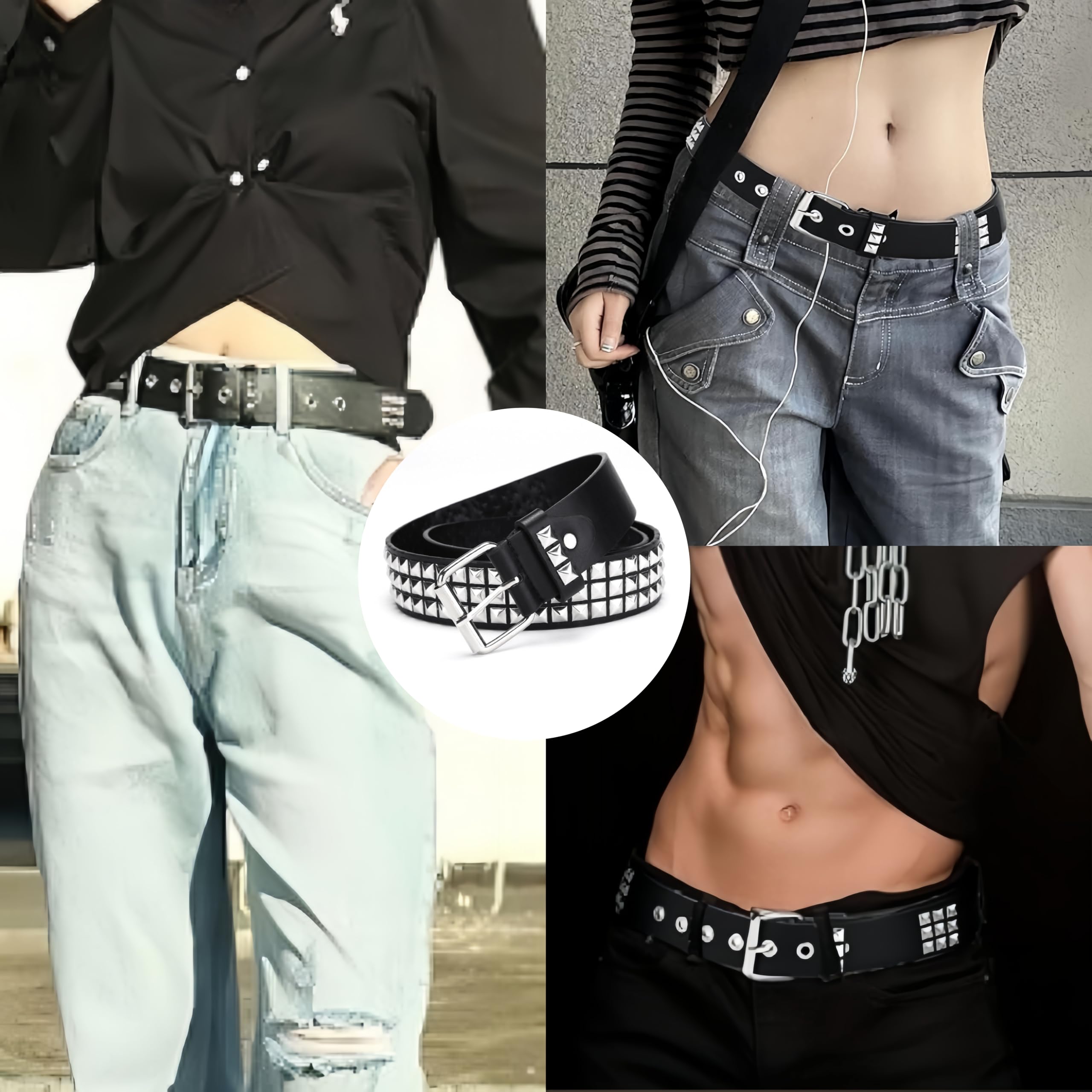 Goth Row Rivet Studded Belt Black PU Leather 110cm