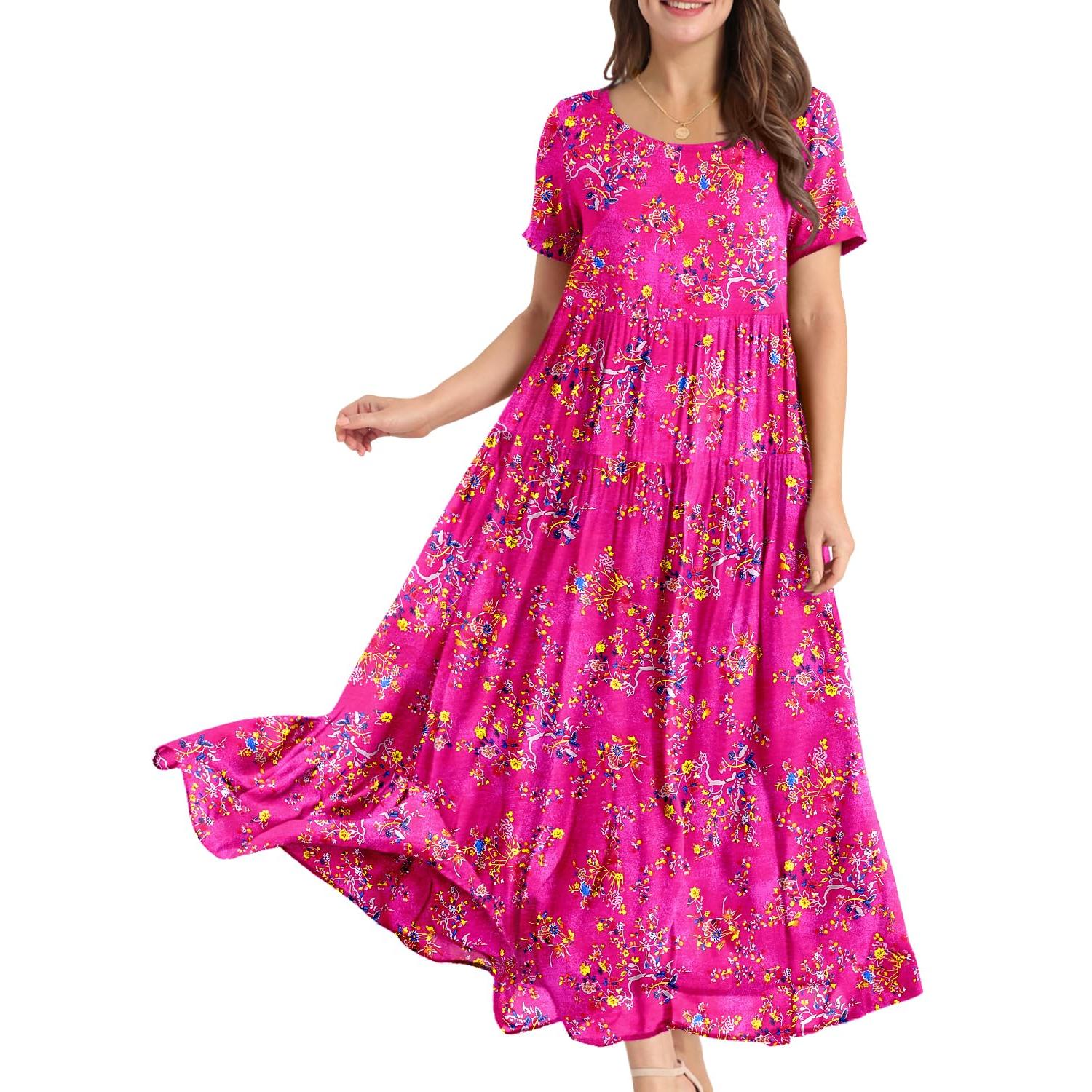 YESNO Plus Size Bohemian Floral Maxi Dress With Pockets